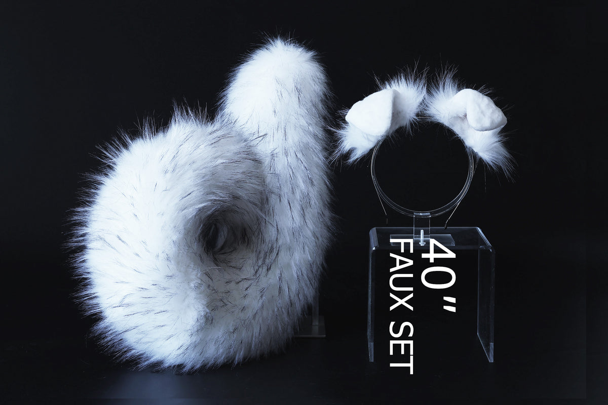 Faux fur puppy ear and tail plug realistic white with black tip fake fur furry shiba Inu dog tail and ears anime cosplay shepherd dog kemonomimi puppy play dog therian