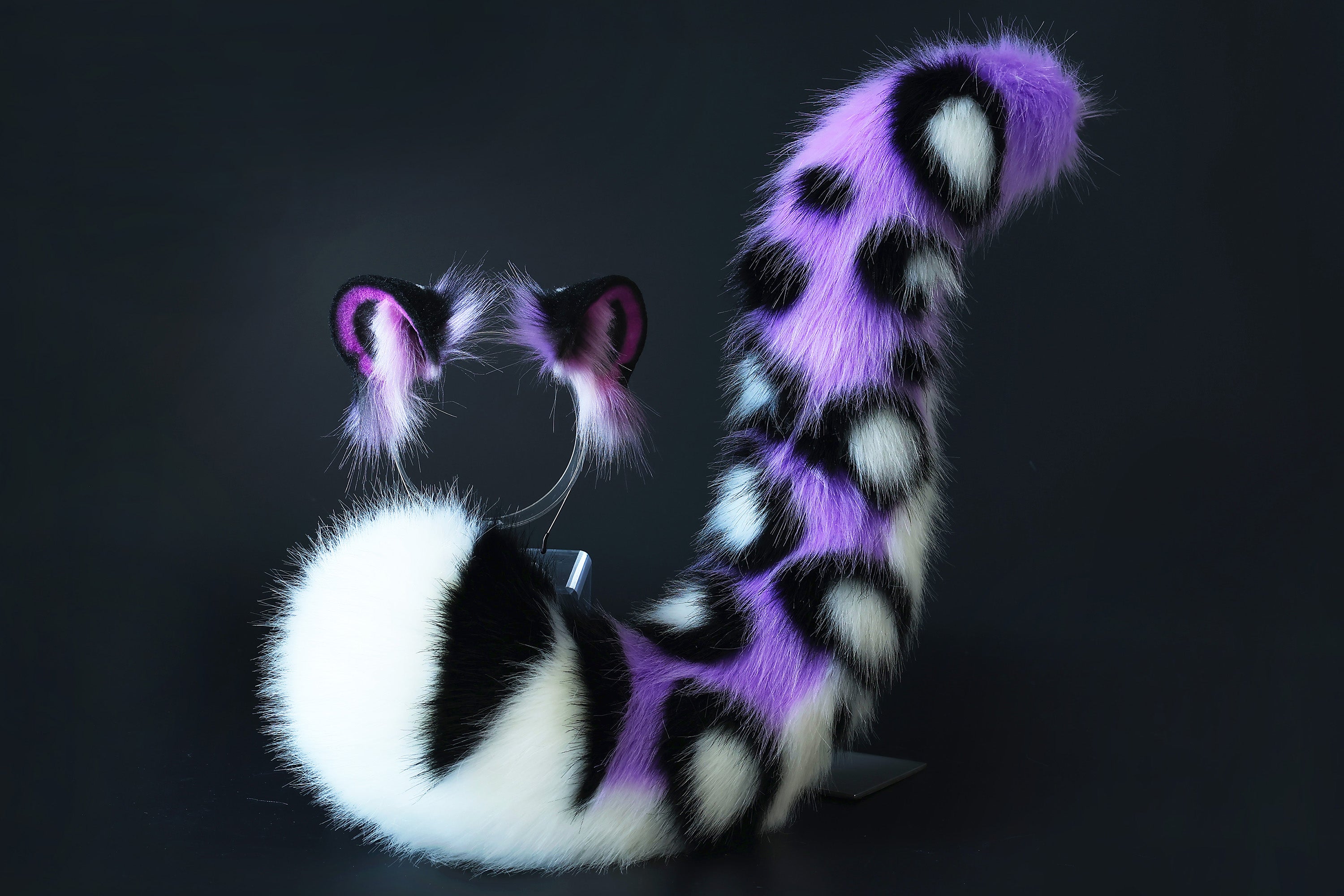 Realistic faux fur purple snow leopard ear and tail set anime cosplay leopard tail and ear petplay halloween animal role playing kemonomimi