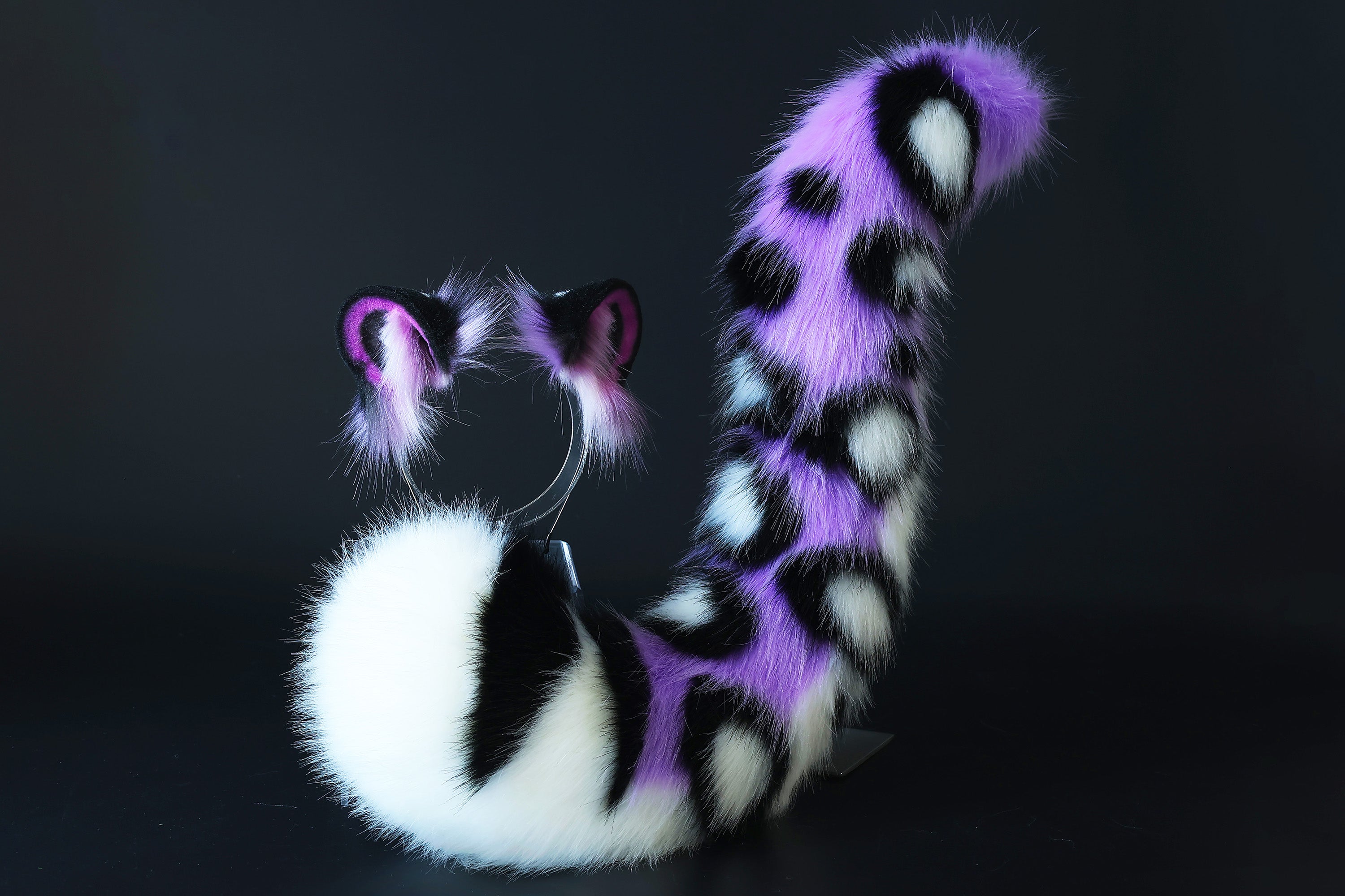 Realistic faux fur purple snow leopard ear and tail set anime cosplay leopard tail and ear petplay halloween animal role playing kemonomimi