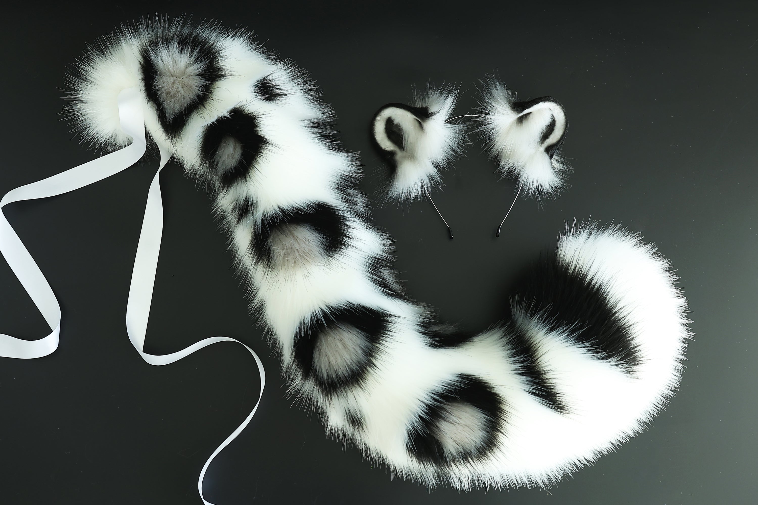 Realistic faux fur white gray snow leopard ear and tail set anime cosplay animal role playing