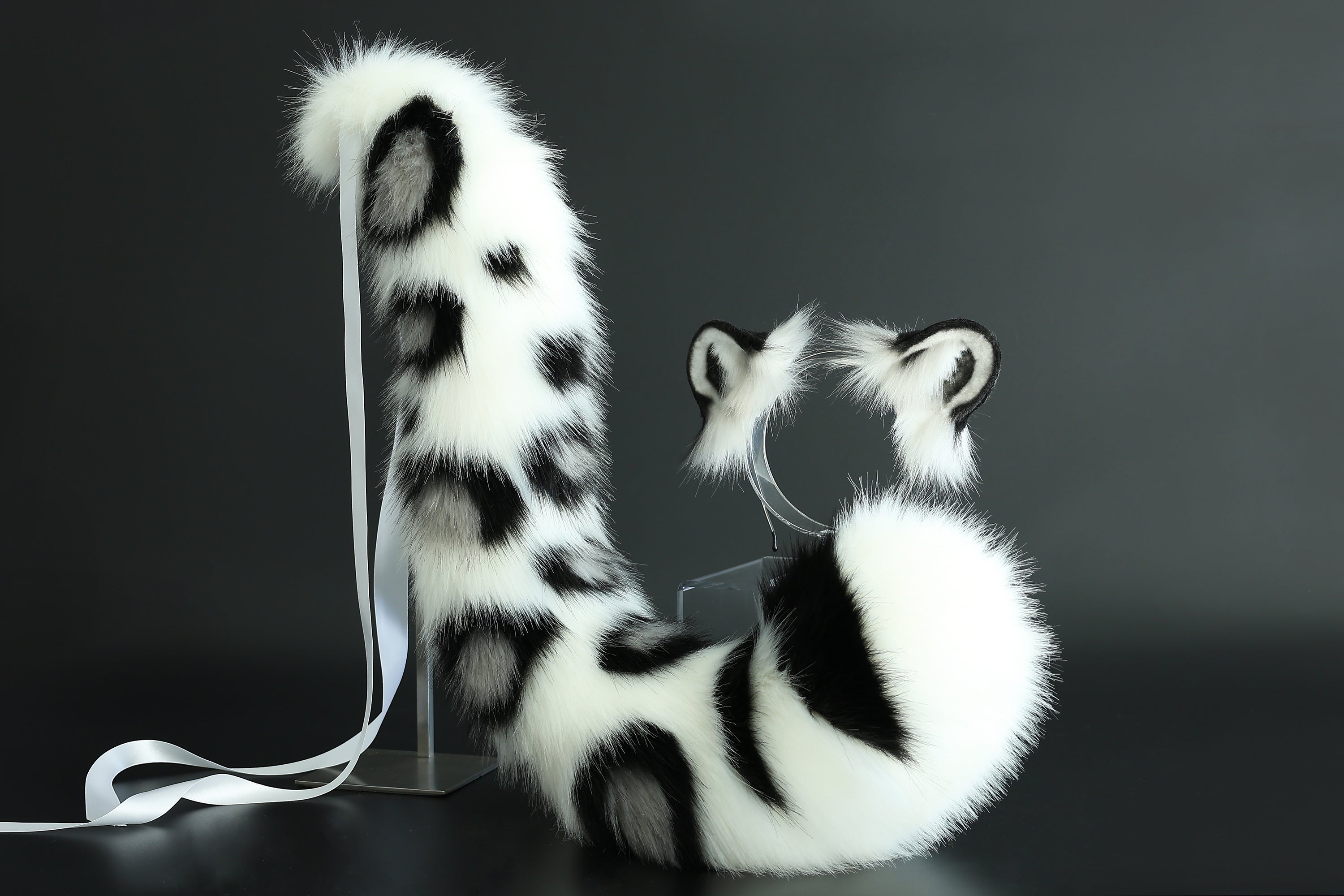 Realistic faux fur white gray snow leopard ear and tail set anime cosplay animal role playing