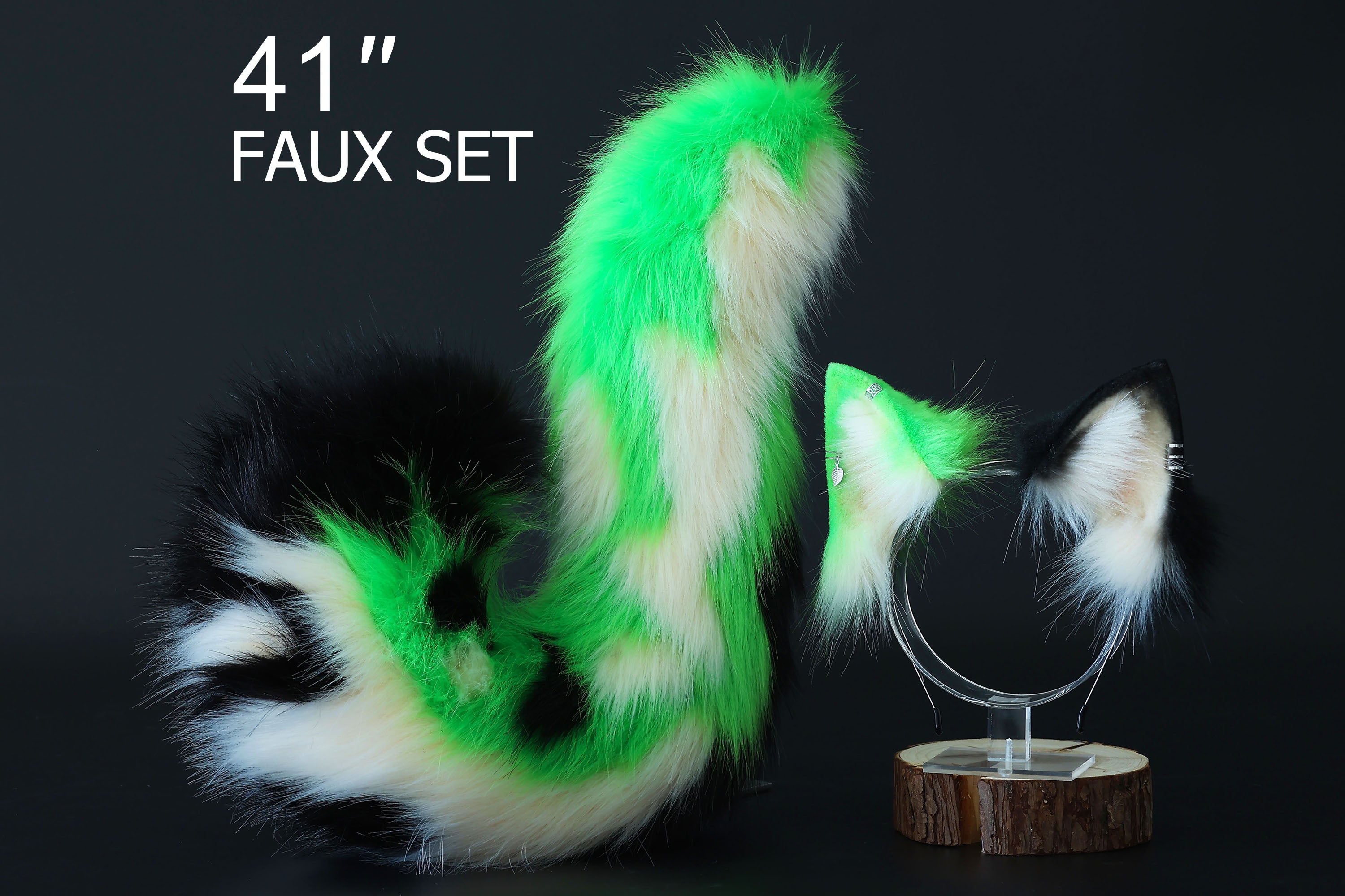 Realistic green calico faux fur cat tail and ear kemonomimi kitten ear and tail butt plug anime cosplay therian puppy ear and tail dog ears and tail furry