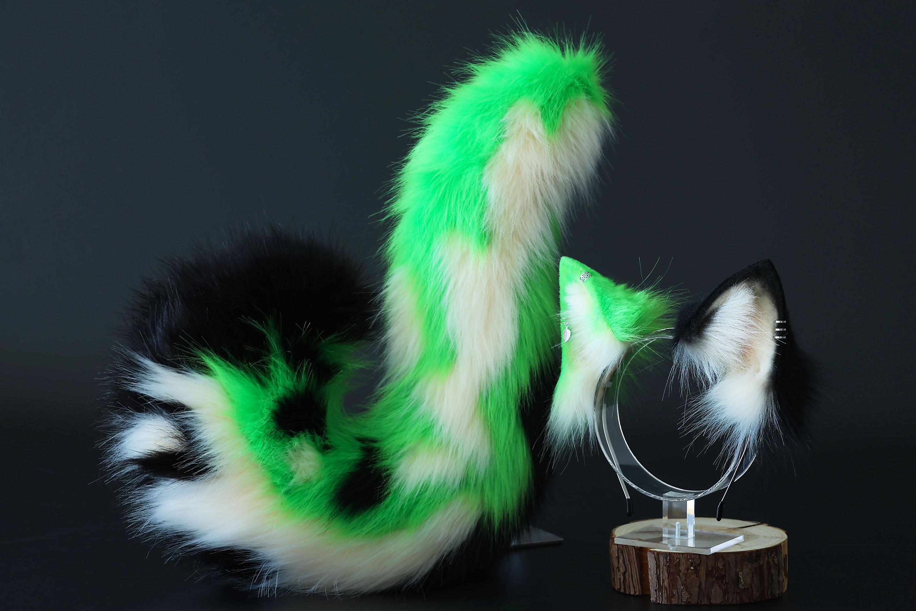 Realistic green calico faux fur cat tail and ear kemonomimi kitten ear and tail butt plug anime cosplay therian puppy ear and tail dog ears and tail furry