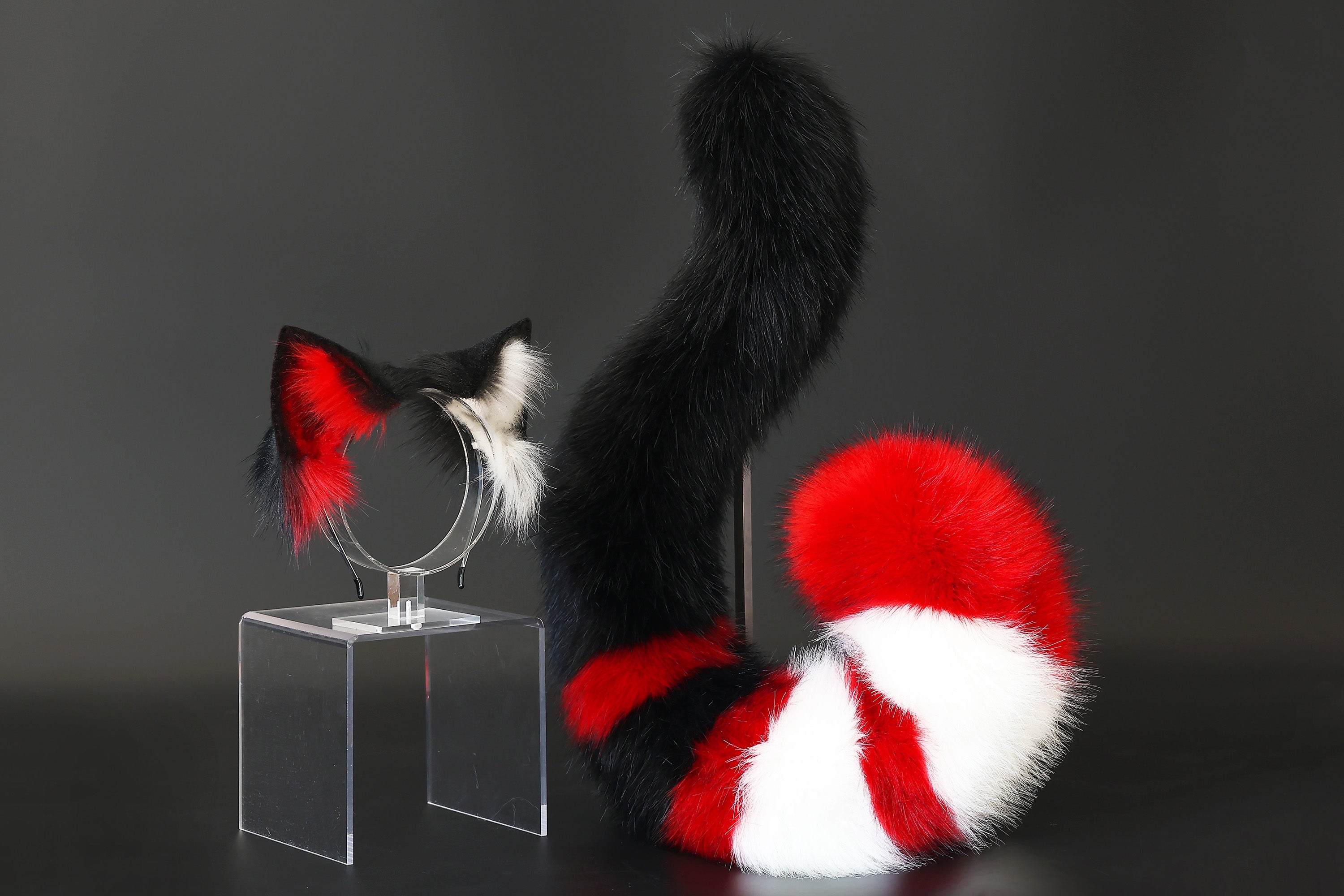 Realistic red black faux fur cat ears and tail butt plug kitten ears and tail kittenplay anime cosplay petplay ear tail kitten kemonomimi cat therian
