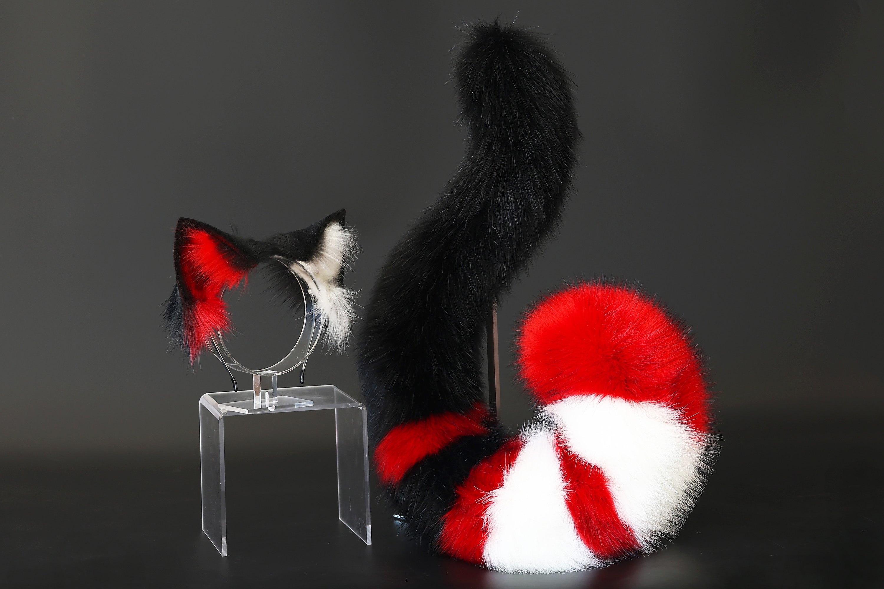 Realistic red black faux fur cat ears and tail butt plug kitten ears and tail kittenplay anime cosplay petplay ear tail kitten kemonomimi cat therian