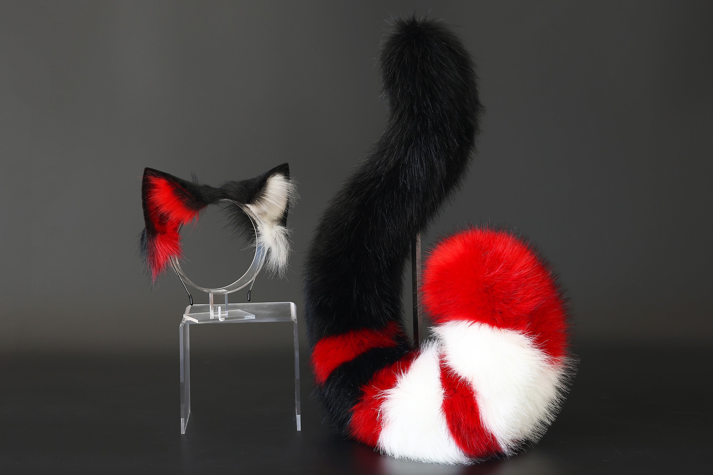 Realistic red black faux fur cat ears and tail butt plug kitten ears and tail kittenplay anime cosplay petplay ear tail kitten kemonomimi cat therian