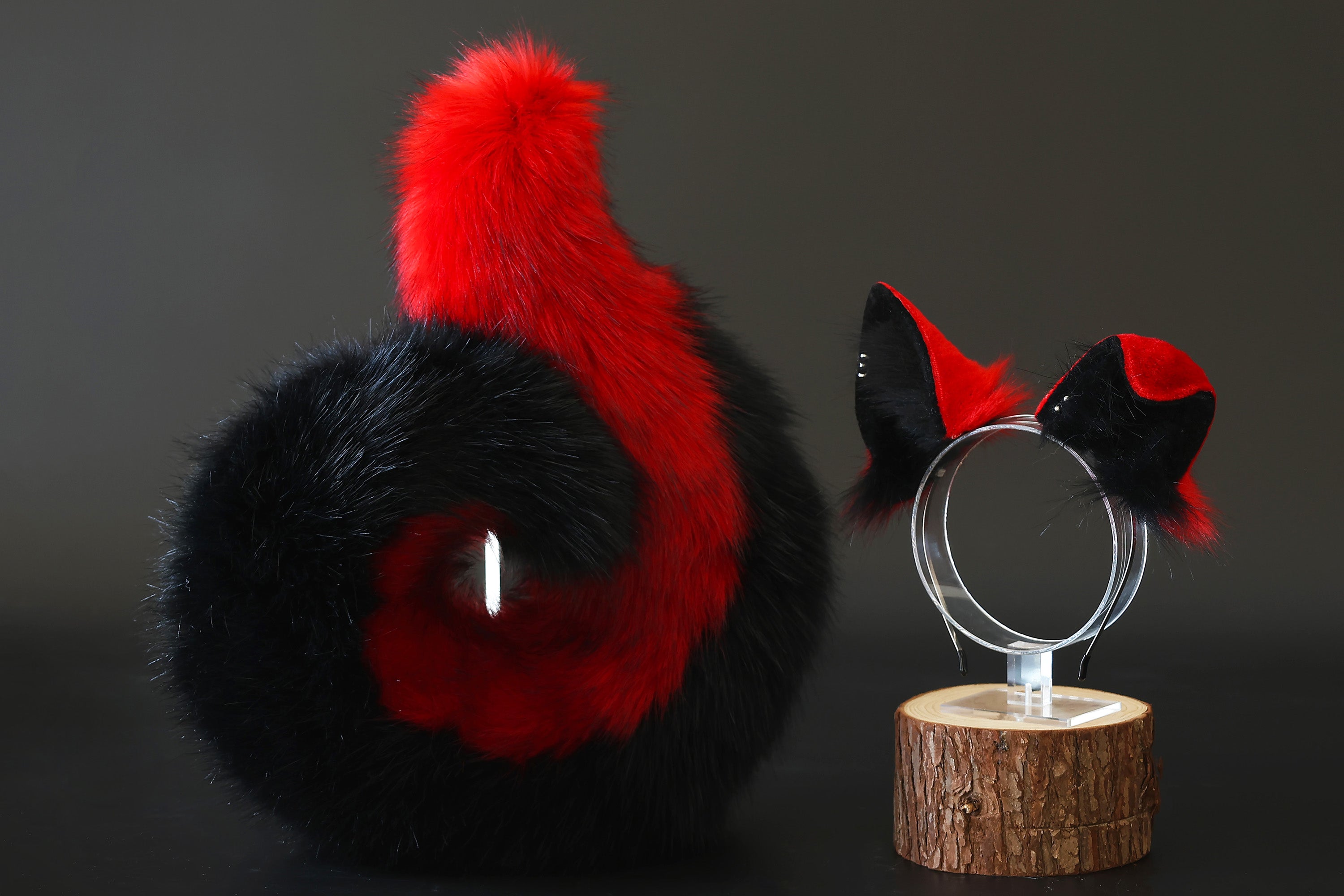 Red black faux fur shepherd dog tail and ear set Shiba Inu dog ear and tail butt plug anime cosplay therian puppy ear and tail puppy girl kemonomimi