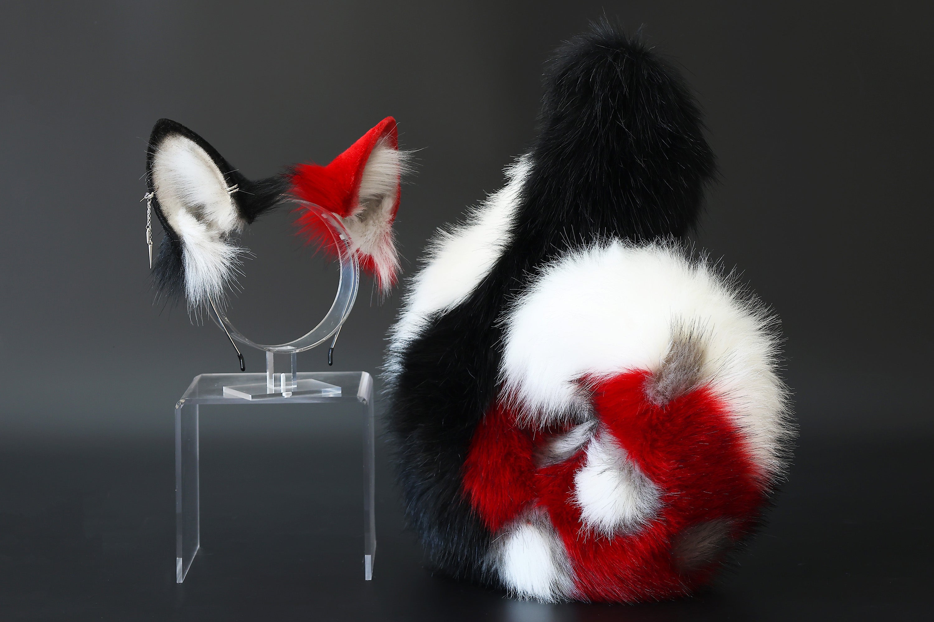 Red black faux fur shepherd dog tail and ear set Shiba Inu dog ear and tail butt plug anime cosplay therian puppy ear and tail puppy girl kemonomimi