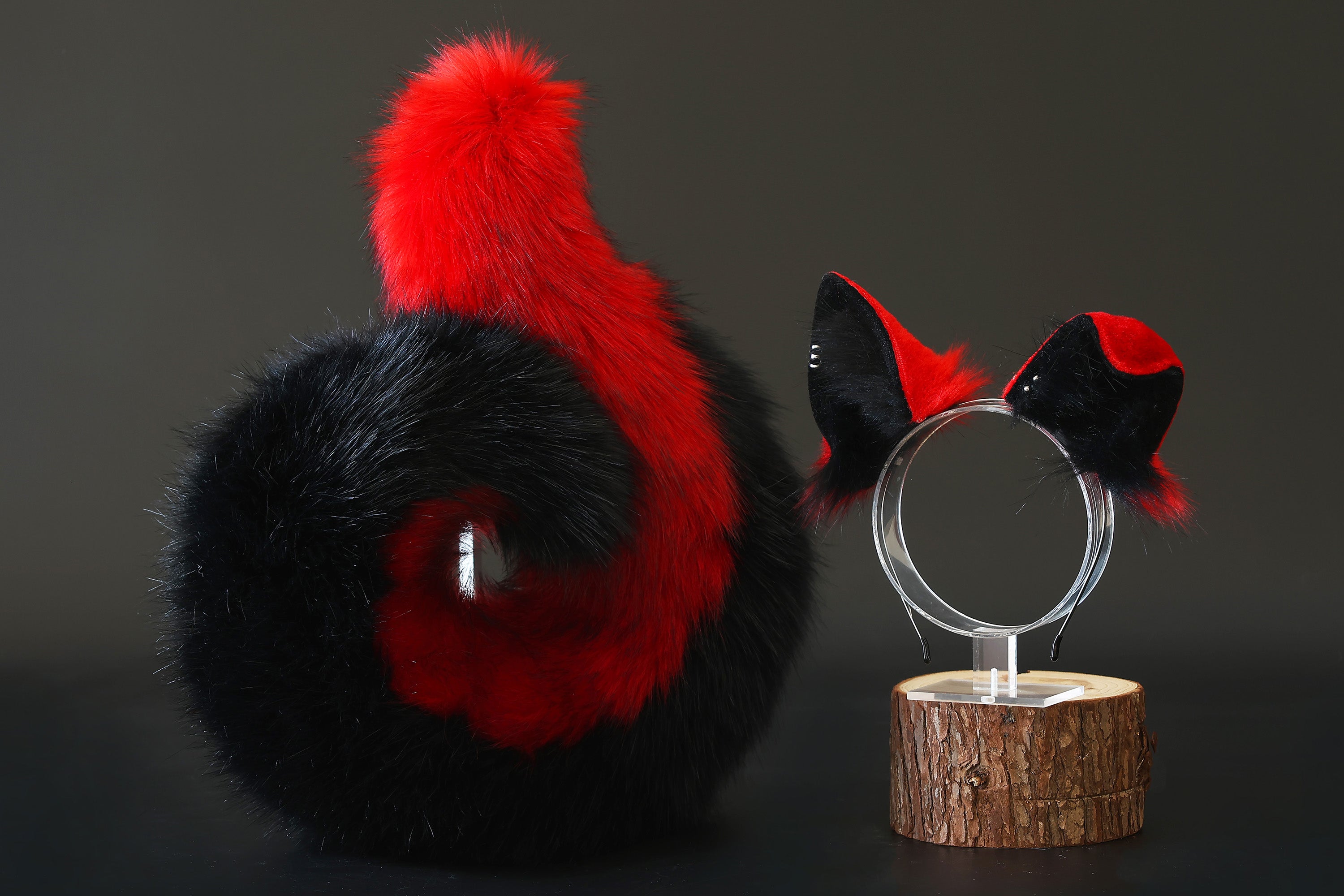 Red black faux fur shepherd dog tail and ear set Shiba Inu dog ear and tail butt plug anime cosplay therian puppy ear and tail puppy girl kemonomimi