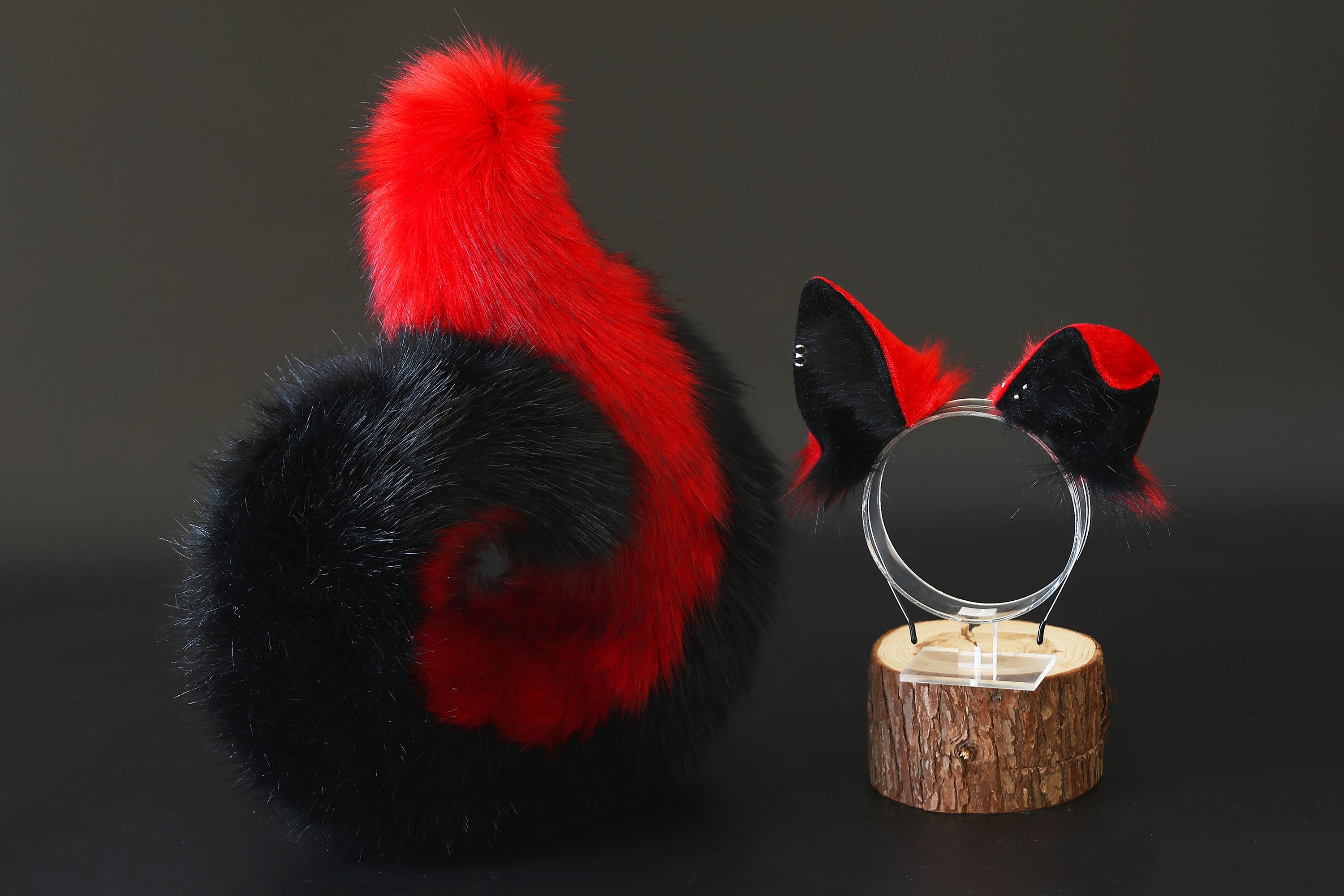 Red black faux fur shepherd dog tail and ear set Shiba Inu dog ear and tail butt plug anime cosplay therian puppy ear and tail puppy girl kemonomimi