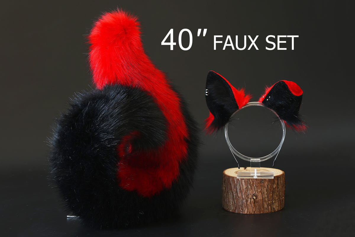 Red black faux fur shepherd dog tail and ear set Shiba Inu dog ear and tail butt plug anime cosplay therian puppy ear and tail puppy girl kemonomimi