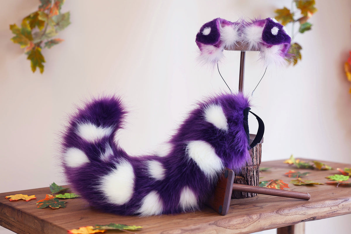 Spotted heyper motion puppy tail sleeve and ears faux fur dog sleeves for silicone base - wagging tail covers - therian dalmatian kemonomimi