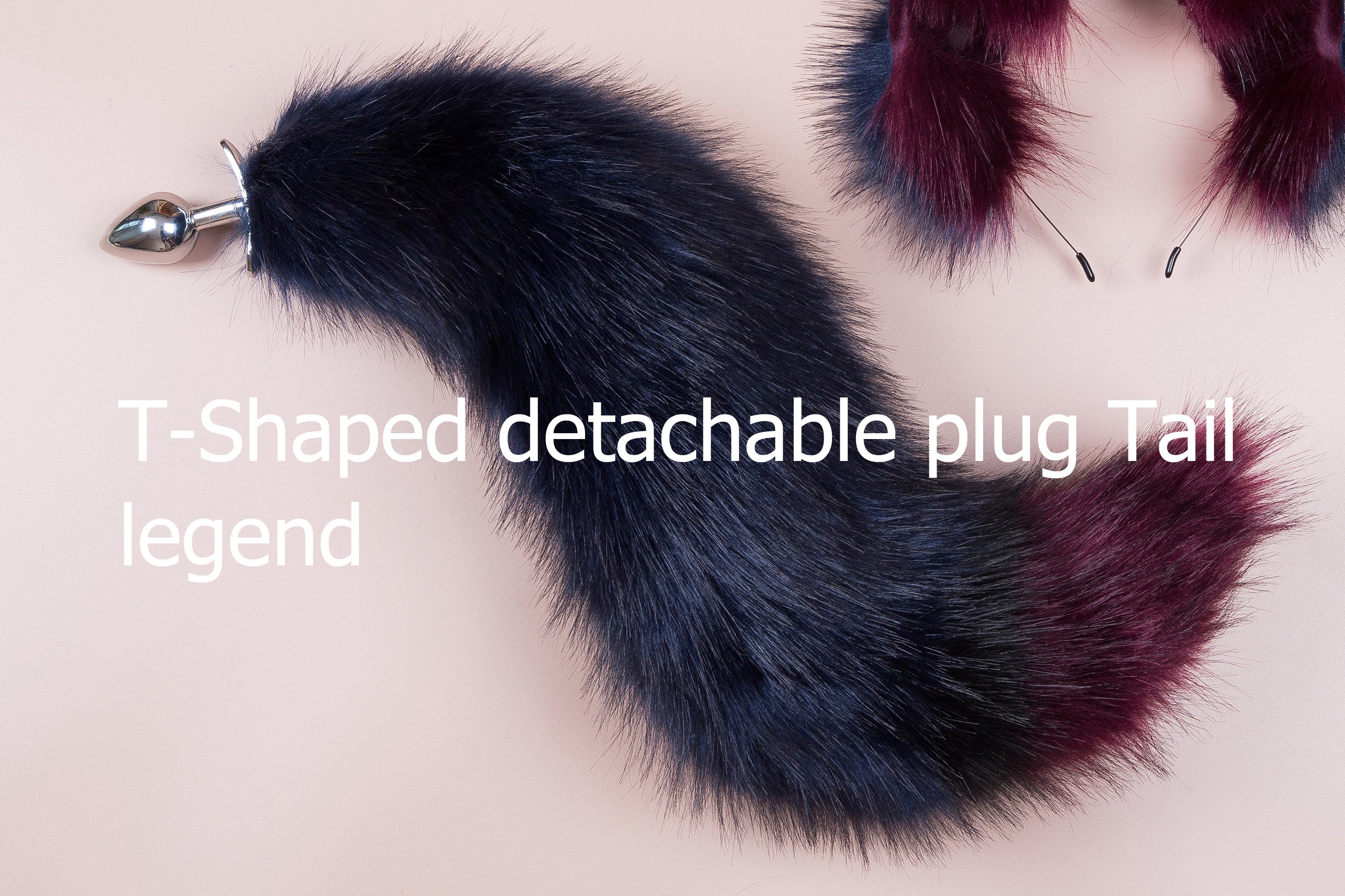 purple black faux fur fox tail plug and ear wolf tail buttplug and ear kitten ear and tail plug set curved tail and ear plug cosplay -mature