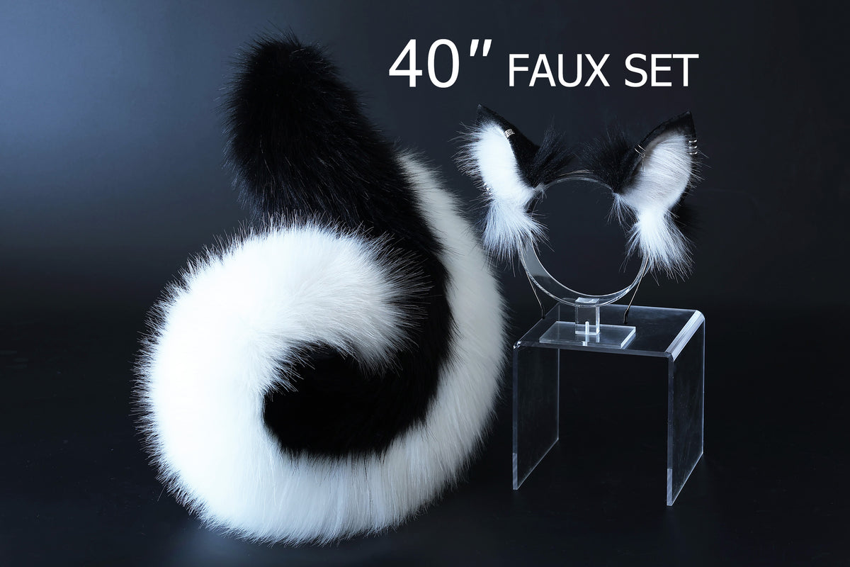 Black white faux fur shepherd dog tail and ear set shiba Inu dog ear and tail plug curved puppy tail anime cosplay  puppy play halloween gift