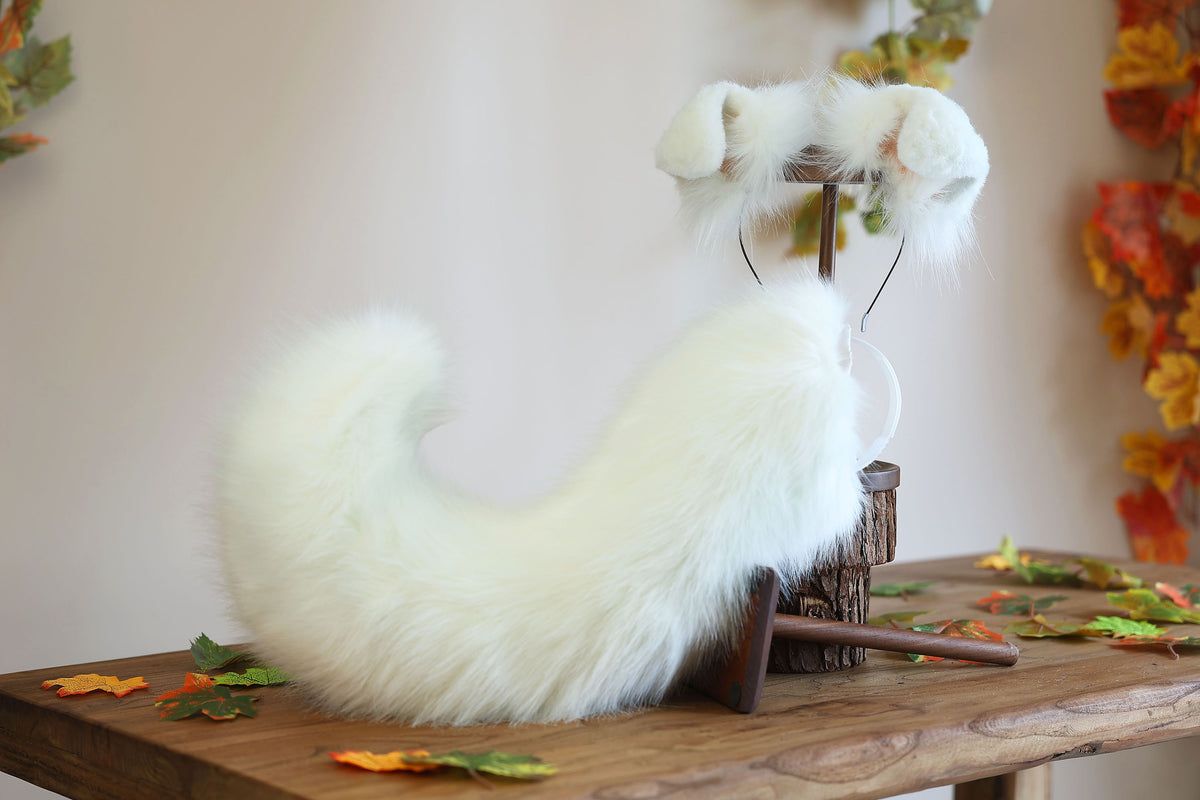 White faux fur puppy tail sleeve and ears faux fur dog sleeves for hyper motion silicone base - super motion tail covers therian kemonomimi