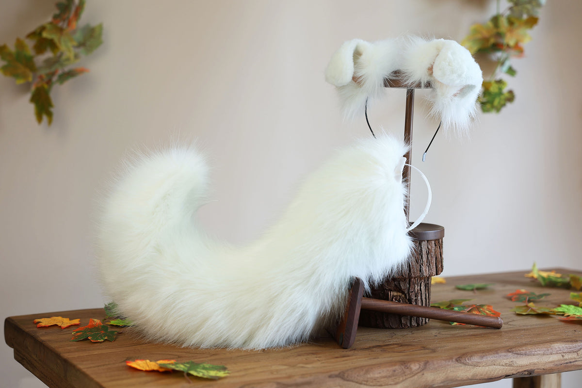 White faux fur puppy tail sleeve and ears faux fur dog sleeves for hyper motion silicone base - super motion tail covers therian kemonomimi