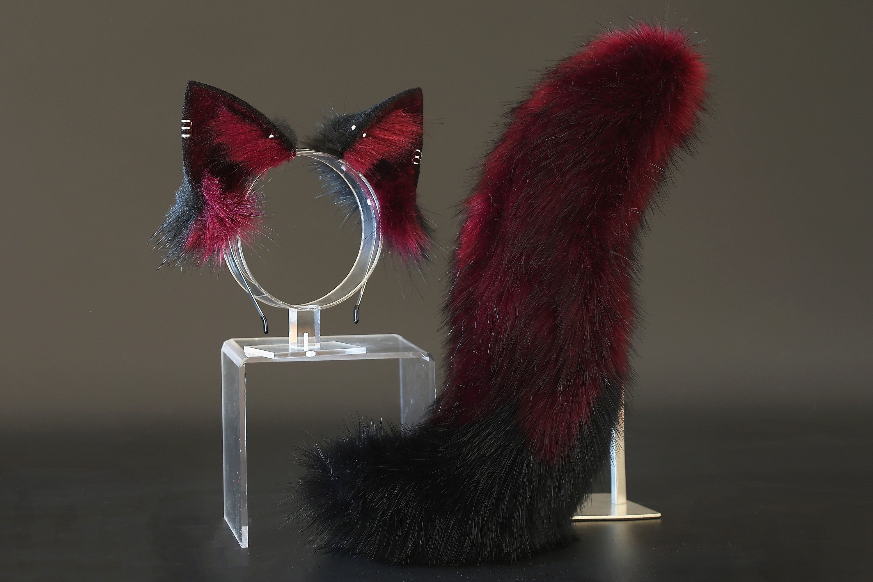 Wine red black faux fur fox tail plug and ear set splicing wolf ear and tail anime cosplay therian cat ear and tail kemonomimi girl fox boy furry