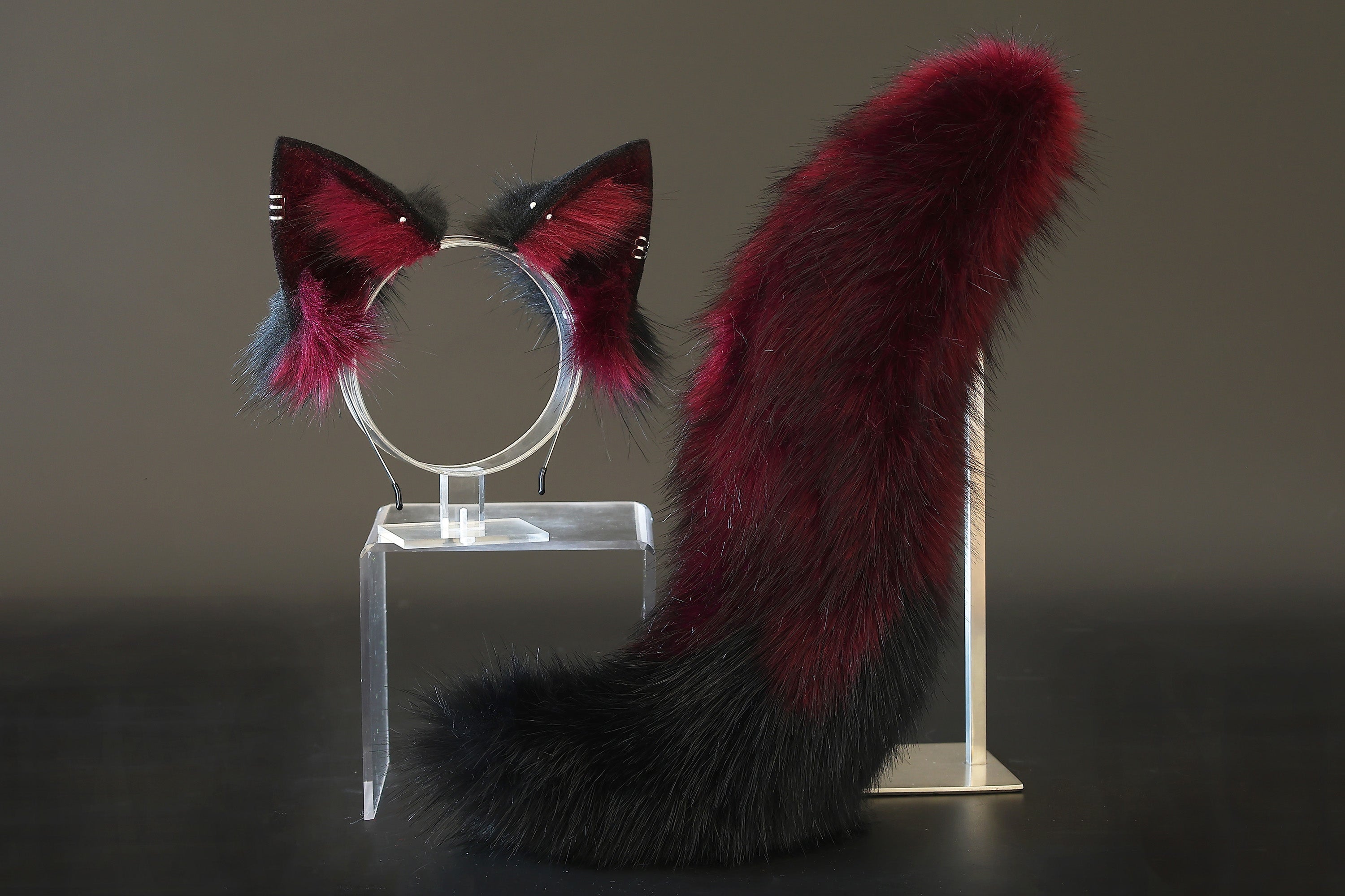 Wine red black faux fur fox tail plug and ear set splicing wolf ear and tail anime cosplay therian cat ear and tail kemonomimi girl fox boy furry