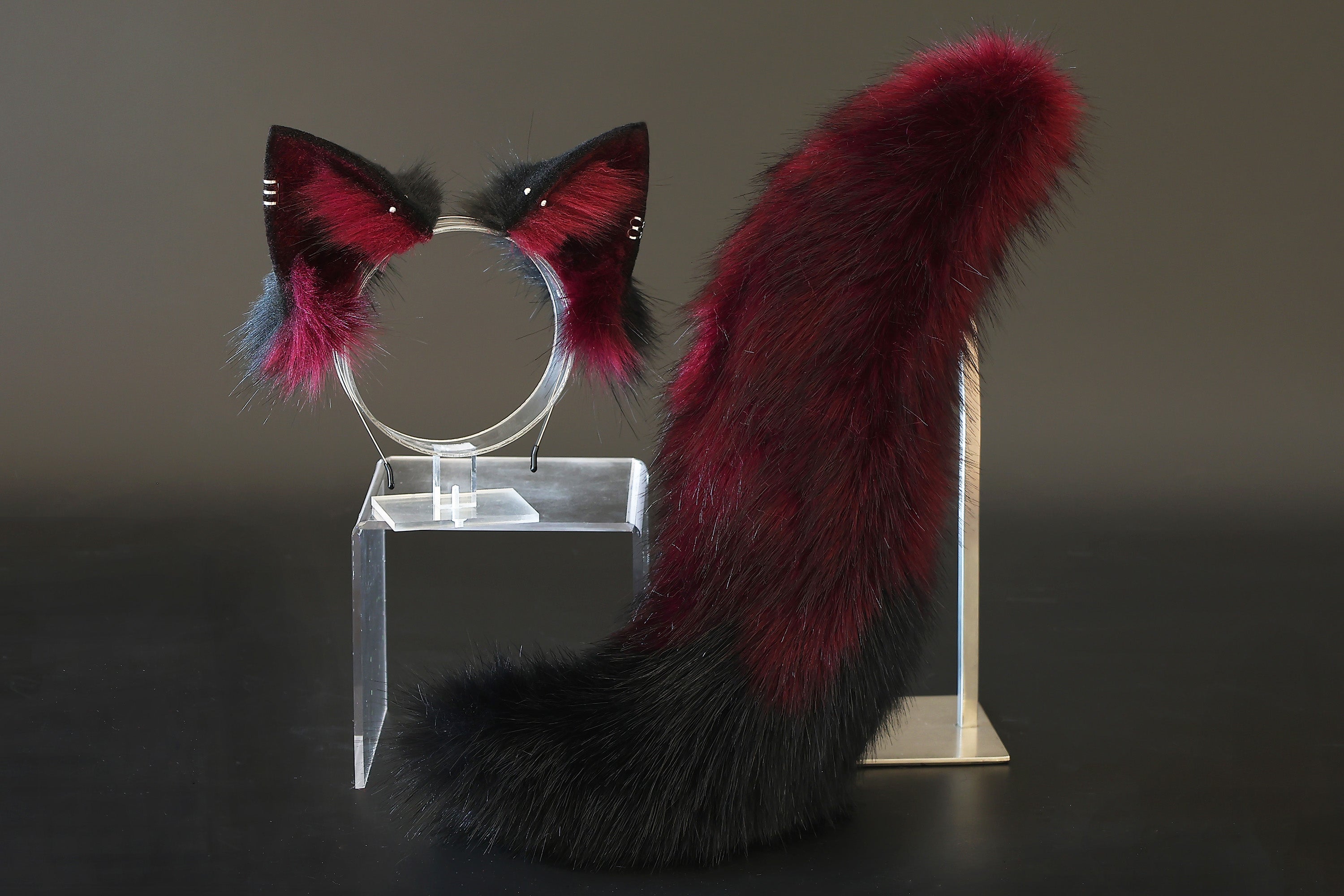 Wine red black faux fur fox tail plug and ear set splicing wolf ear and tail anime cosplay therian cat ear and tail kemonomimi girl fox boy furry