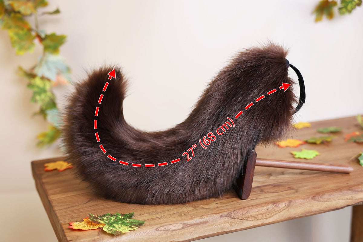 Brown faux fur puppy tail sleeve and ears faux fur dog sleeves for hyper motion silicone base - super motion tail covers therian kemonomimi