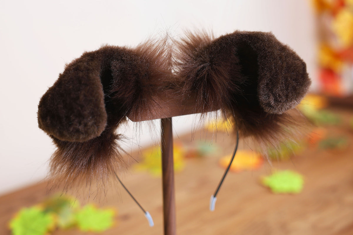 Brown faux fur puppy tail sleeve and ears faux fur dog sleeves for hyper motion silicone base - super motion tail covers therian kemonomimi