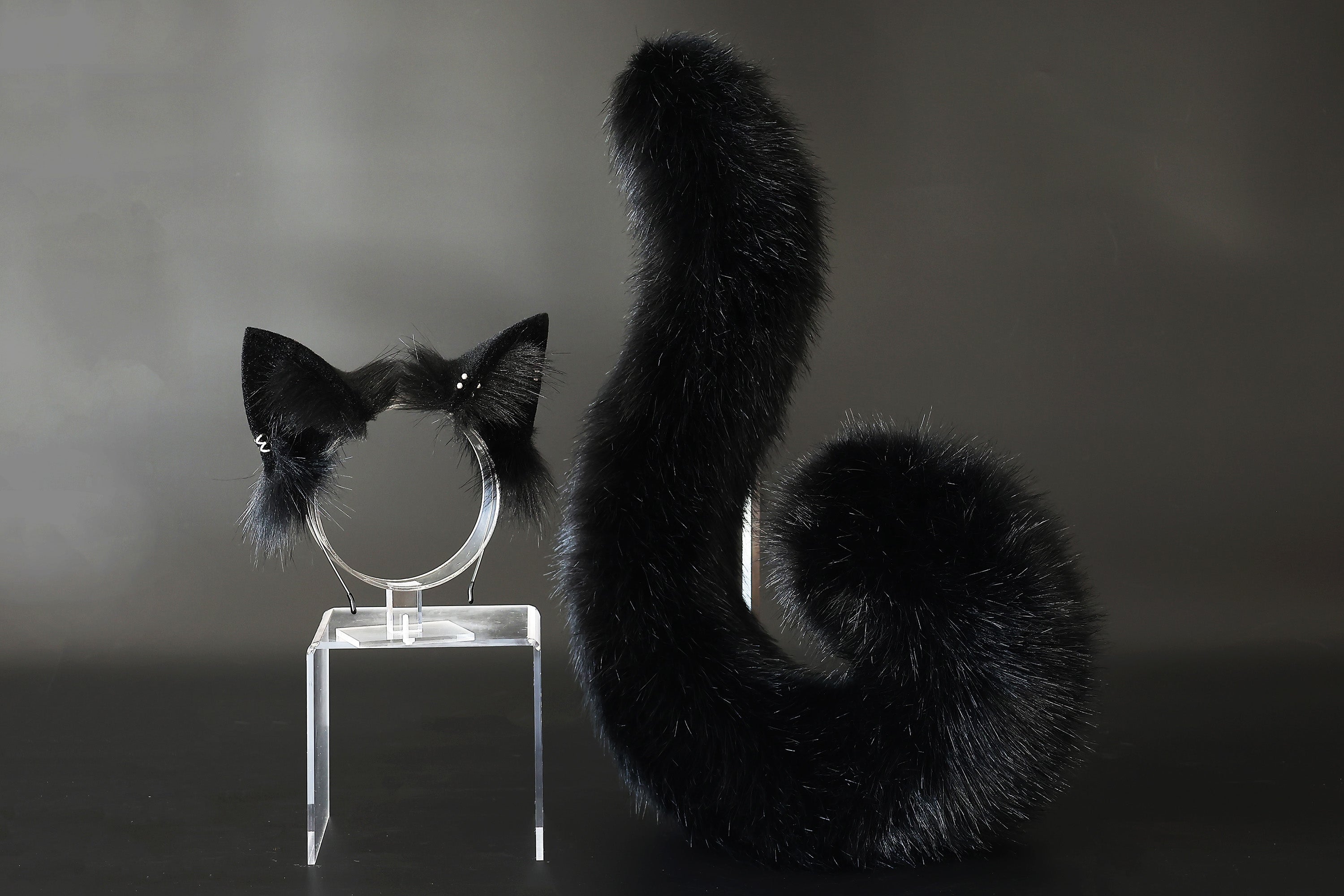 Realistic black faux fur cat ears and tail butt plug kitten ears and tail kittenplay anime cosplay petplay ear and tail kitten kemonomimi cat therian