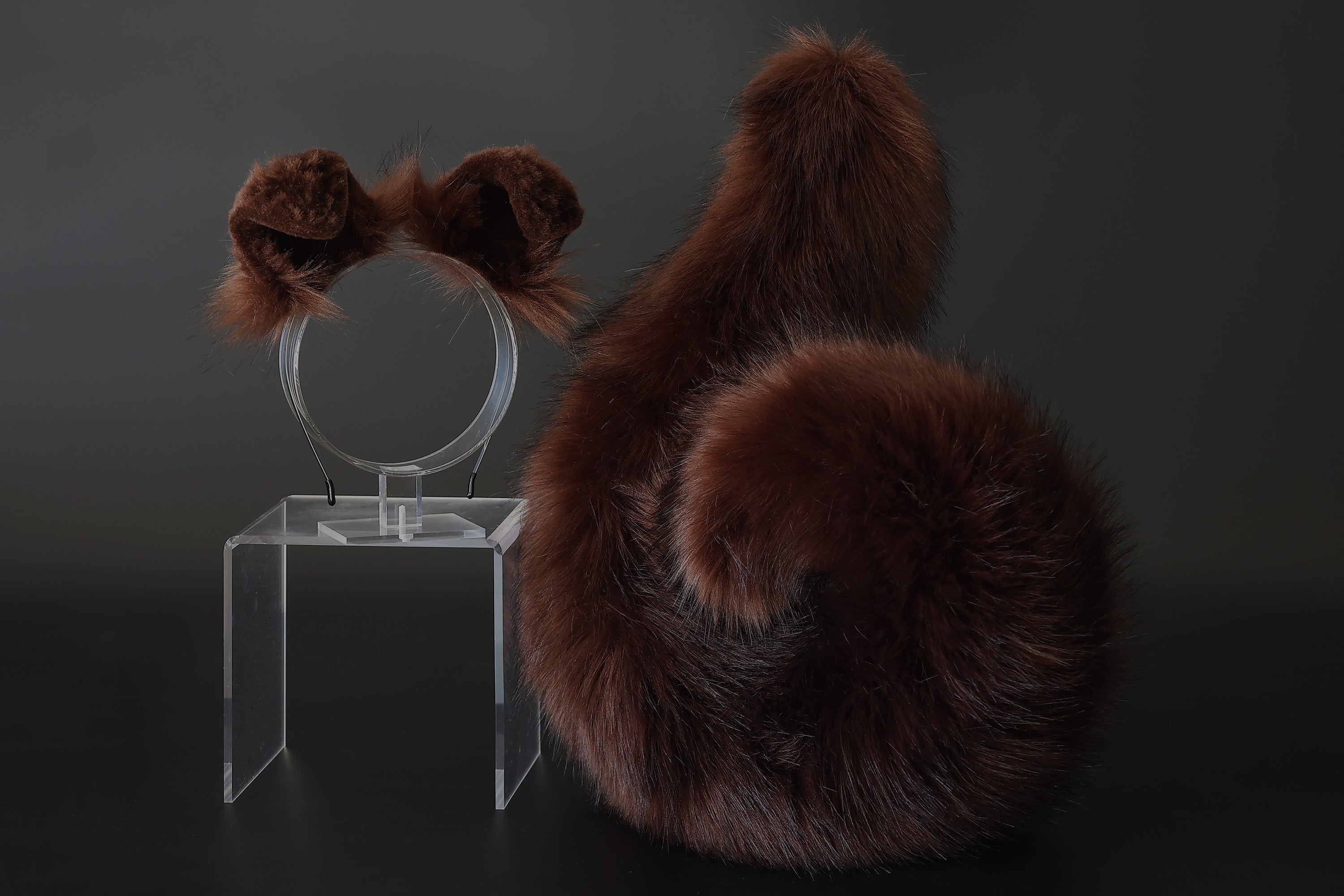 Brown faux fur puppy ear and tail plug realistic white with black tip fake fur furry shiba Inu dog tail and ears anime cosplay shepherd dog kemonomimi puppy play dog therian