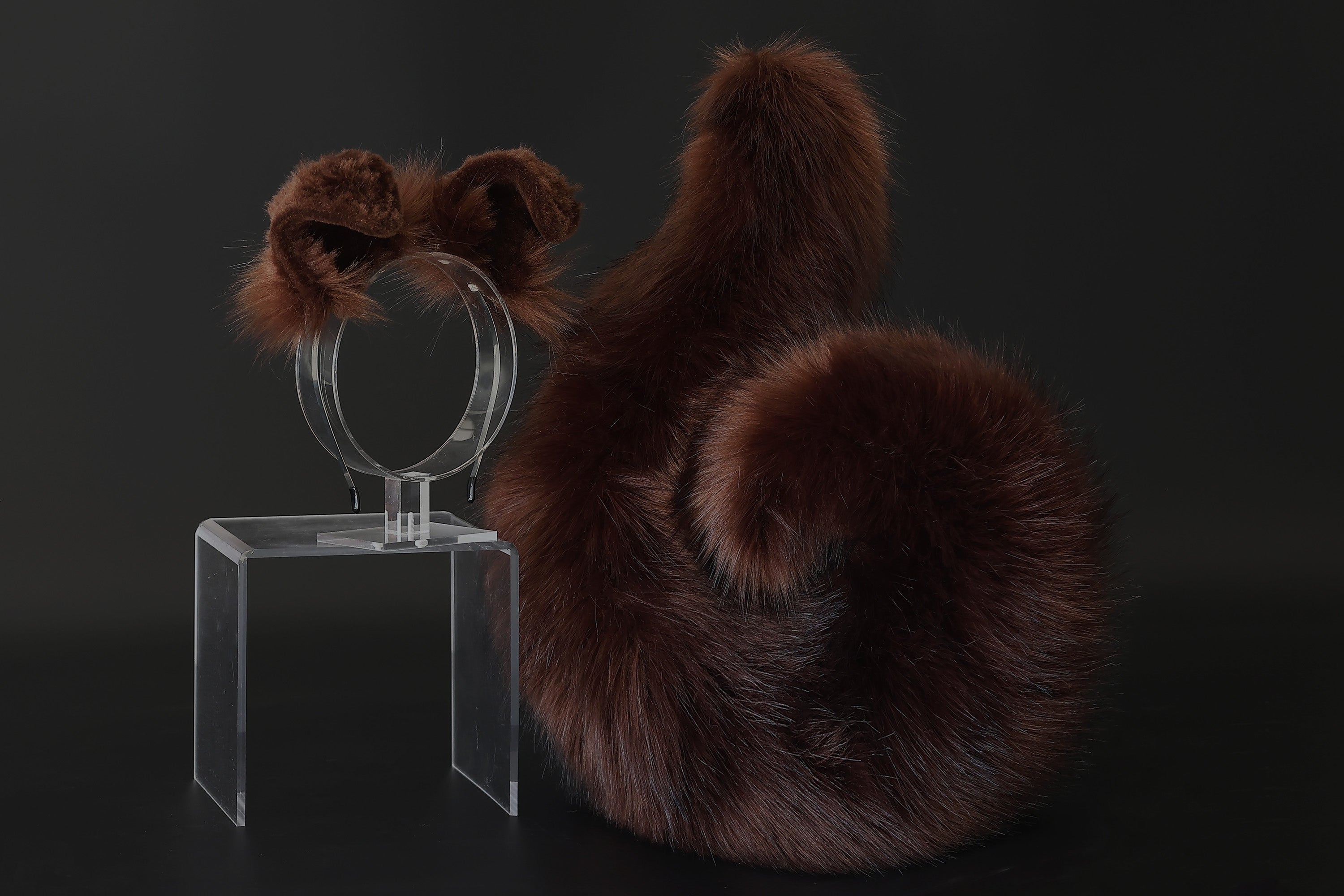 Brown faux fur puppy ear and tail plug realistic white with black tip fake fur furry shiba Inu dog tail and ears anime cosplay shepherd dog kemonomimi puppy play dog therian