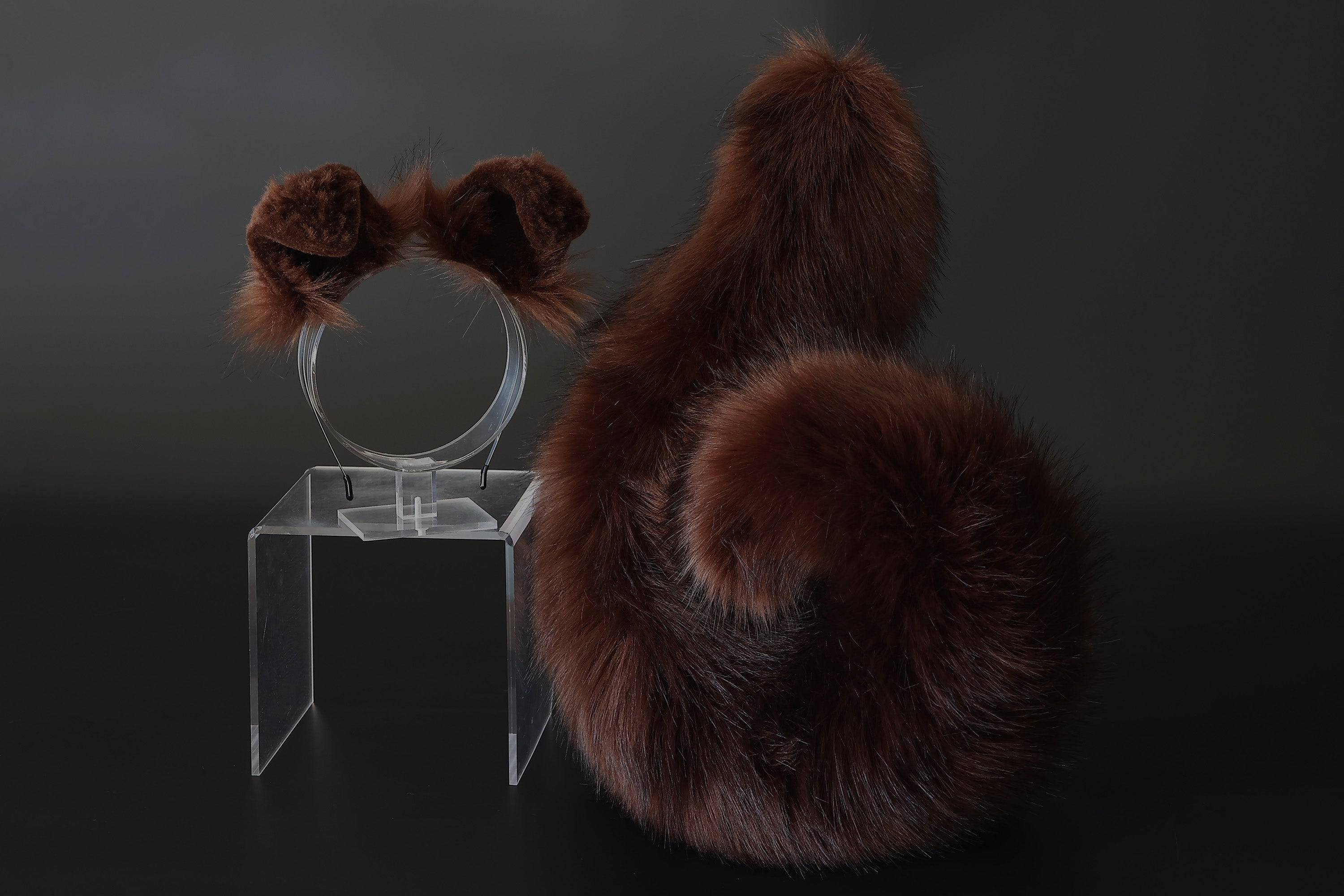 Brown faux fur puppy ear and tail plug realistic white with black tip fake fur furry shiba Inu dog tail and ears anime cosplay shepherd dog kemonomimi puppy play dog therian