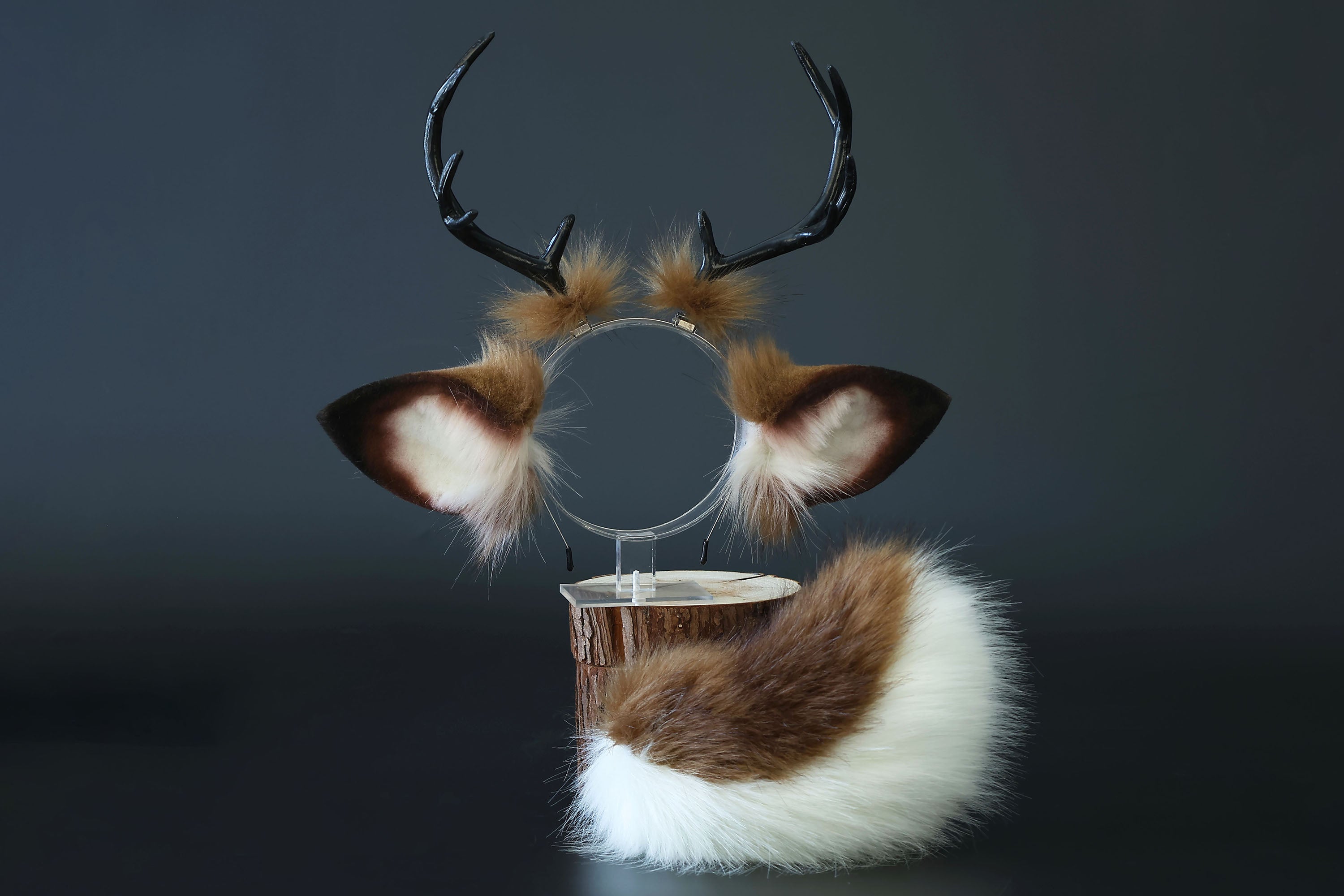 Faux fur deer ear and tail kemonomimi brown white deer ear headband with antlers elk ear and tail butt plug anime cosplay fawn furry deer therian
