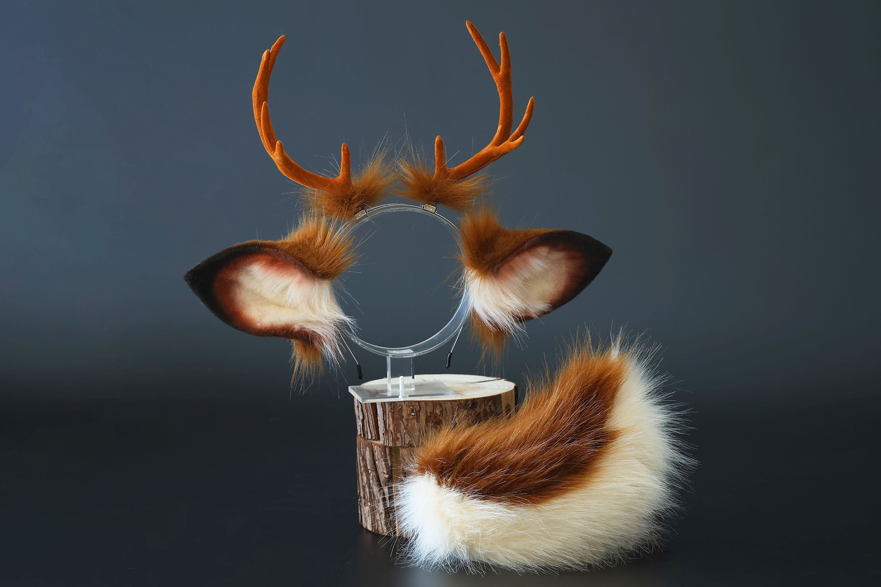 Faux fur deer ear and tail kemonomimi deer ear headband with antlers elk ear and tail butt plug anime cosplay fawn furry deer therian kenomomimi gift