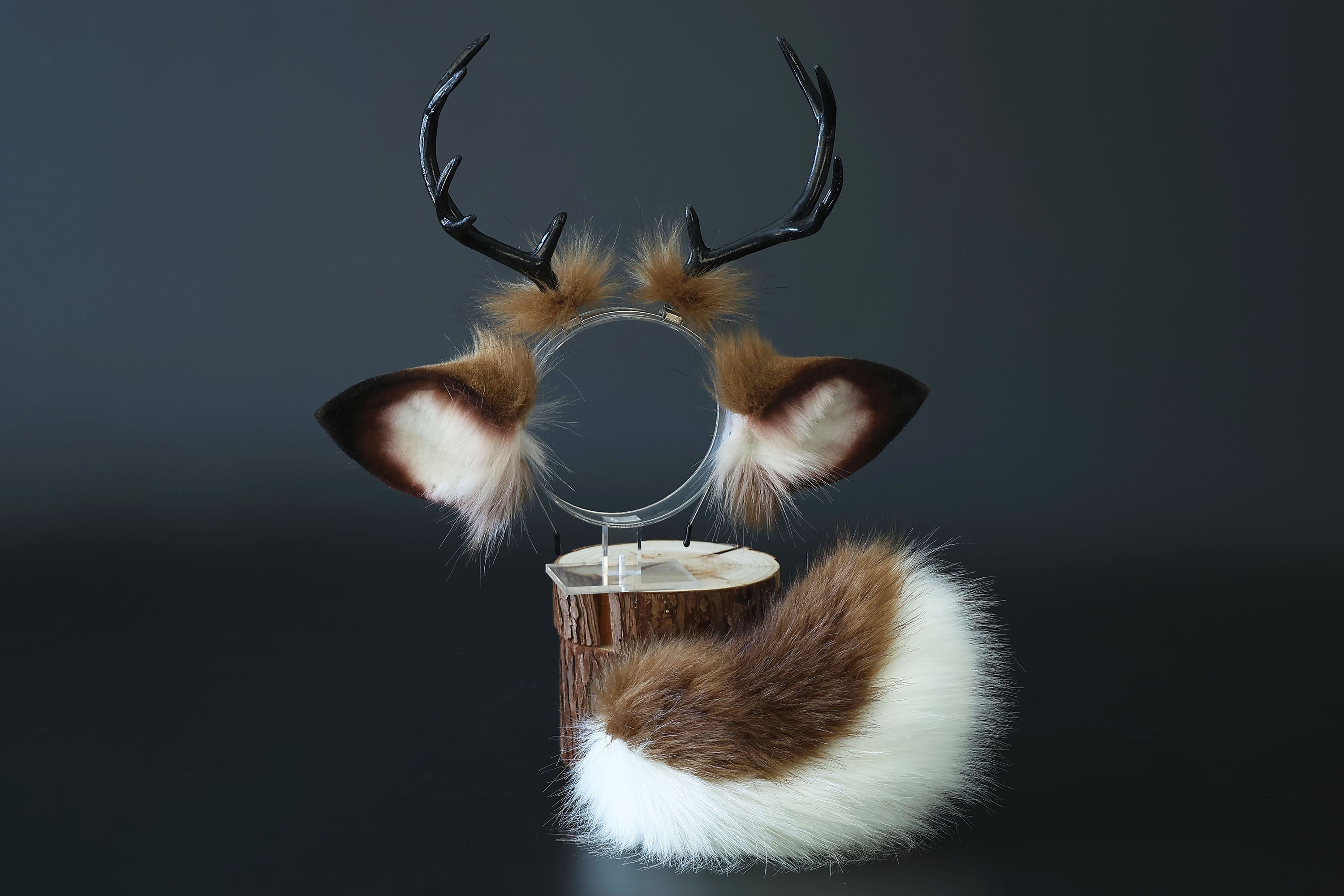 Faux fur deer ear and tail kemonomimi brown white deer ear headband with antlers elk ear and tail butt plug anime cosplay fawn furry deer therian