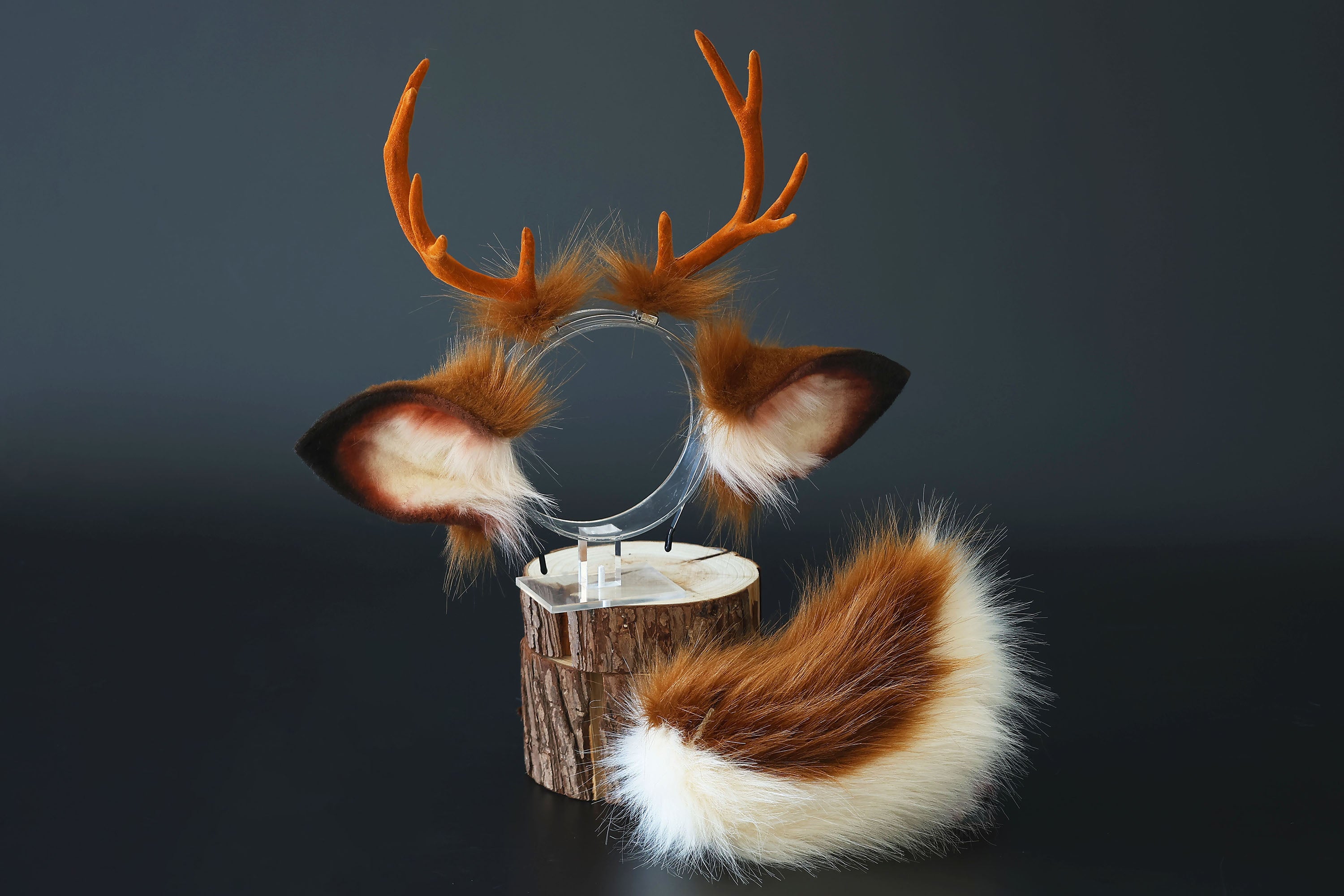 Faux fur deer ear and tail kemonomimi deer ear headband with antlers elk ear and tail butt plug anime cosplay fawn furry deer therian kenomomimi gift
