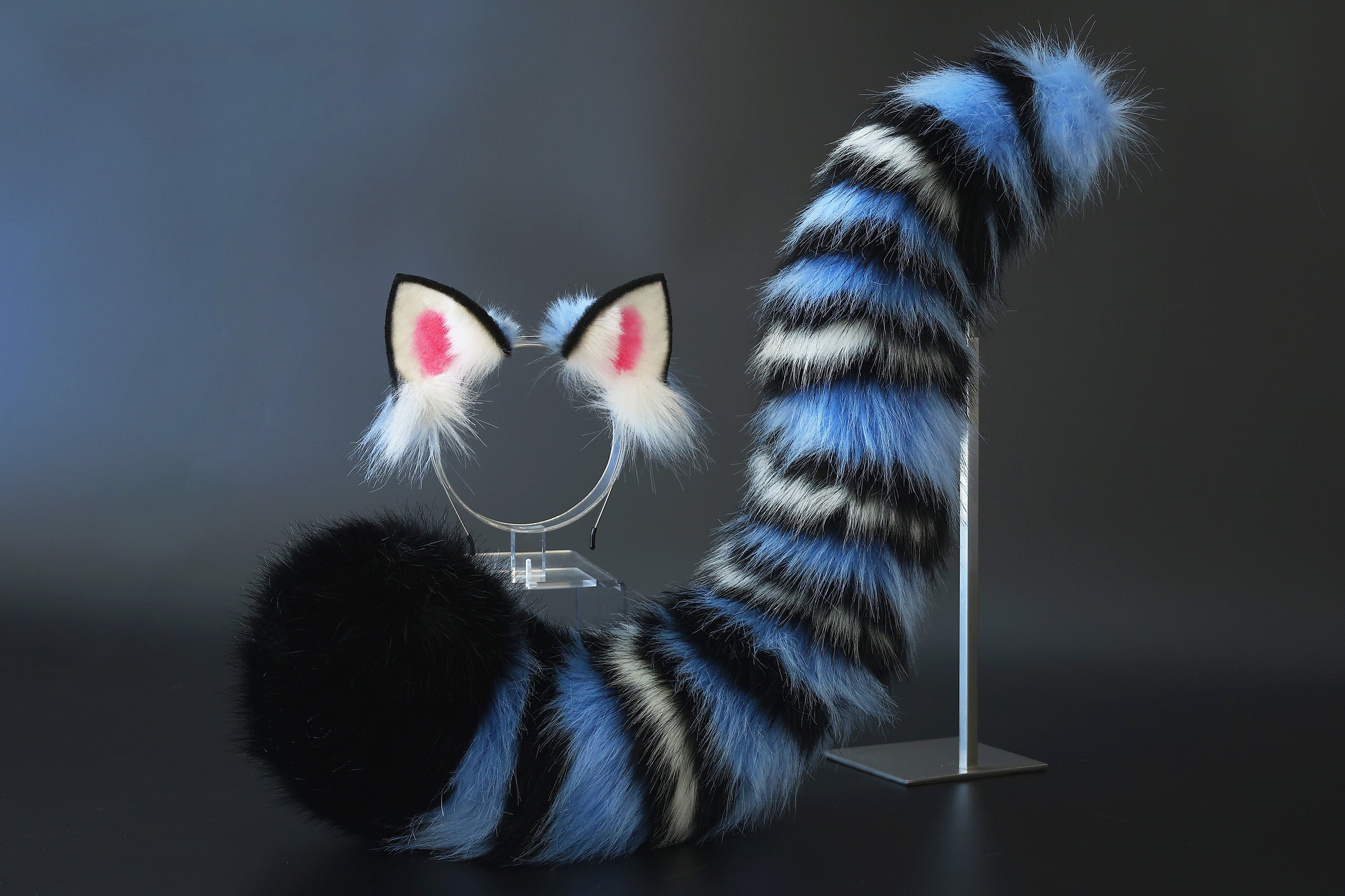 Realistic faux fur derpy tiger ear and tail set blue black white stripes derpy tiger tail and ear kpop demon hunters cosplay ears and tail