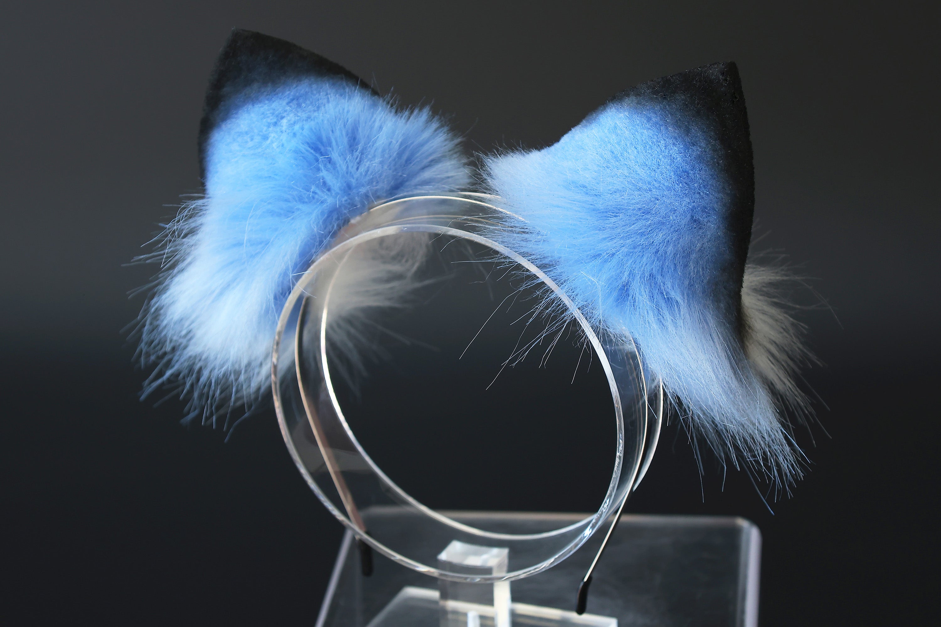 Realistic faux fur derpy tiger ear and tail set blue black white stripes derpy tiger tail and ear kpop demon hunters cosplay ears and tail