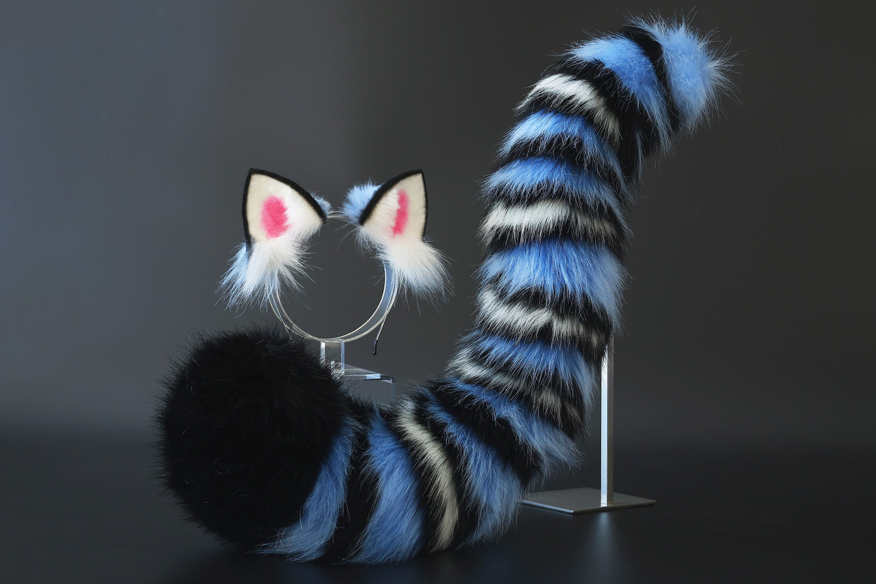 Realistic faux fur derpy tiger ear and tail set blue black white stripes derpy tiger tail and ear kpop demon hunters cosplay ears and tail