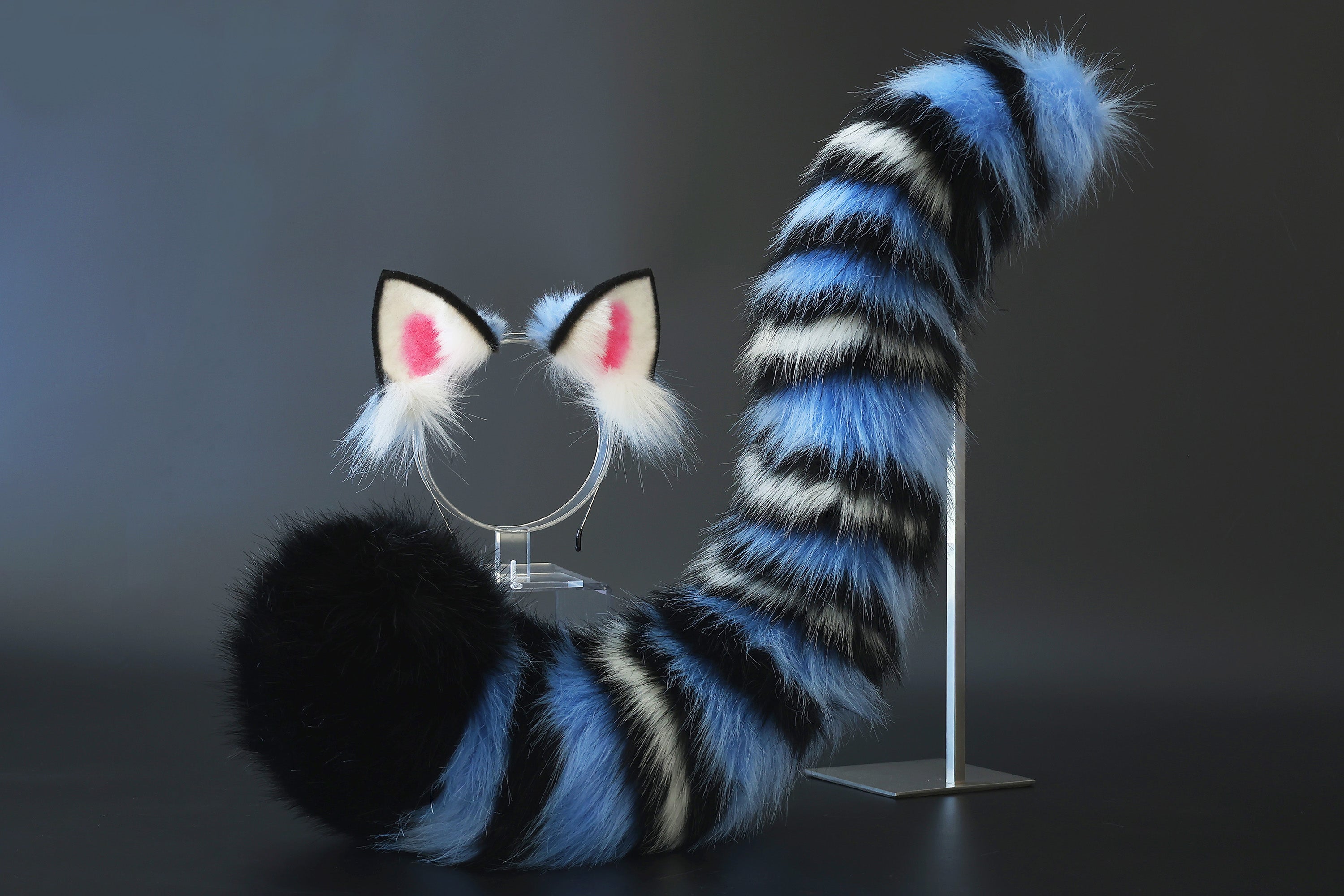 Realistic faux fur derpy tiger ear and tail set blue black white stripes derpy tiger tail and ear kpop demon hunters cosplay ears and tail