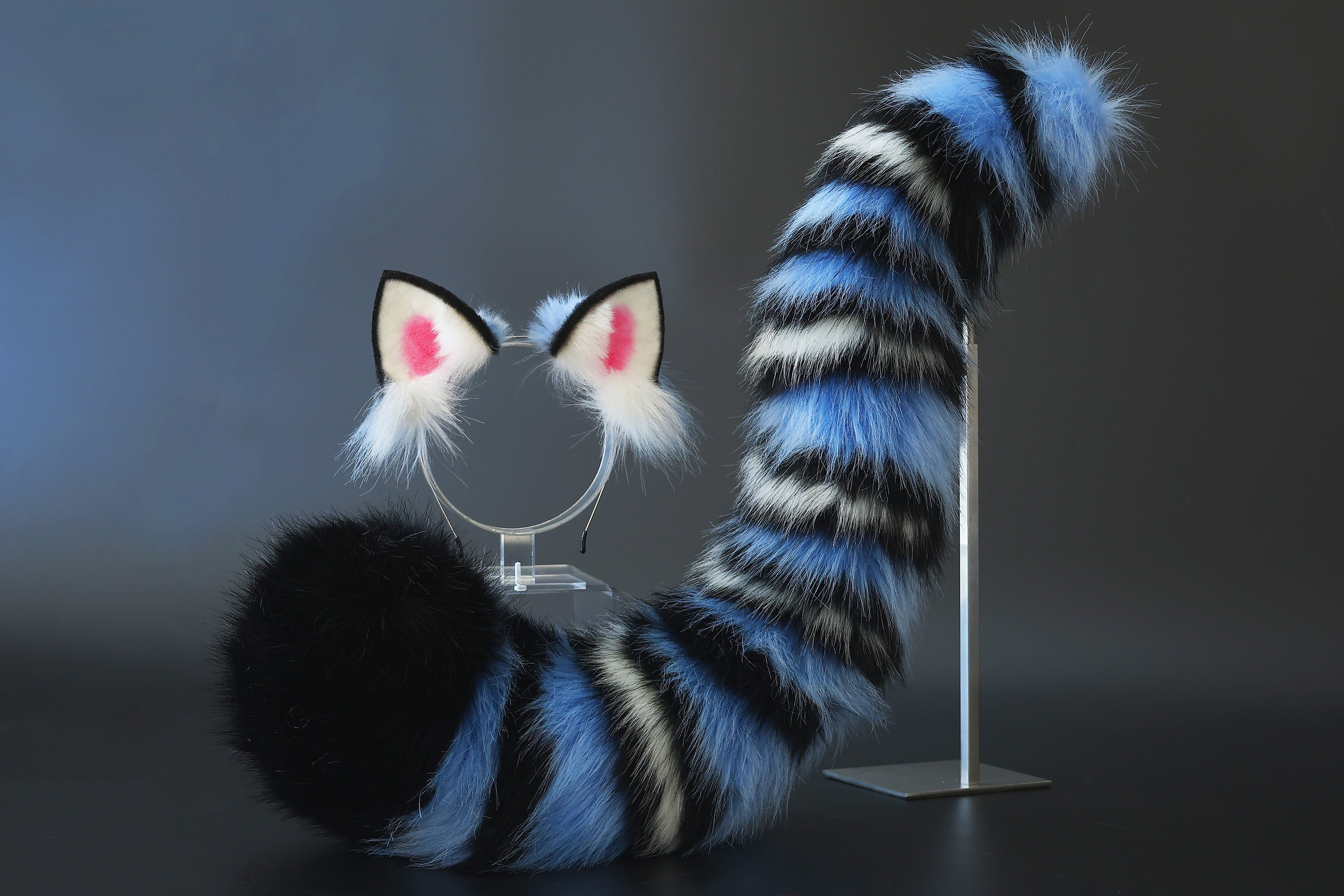 Realistic faux fur derpy tiger ear and tail set blue black white stripes derpy tiger tail and ear kpop demon hunters cosplay ears and tail