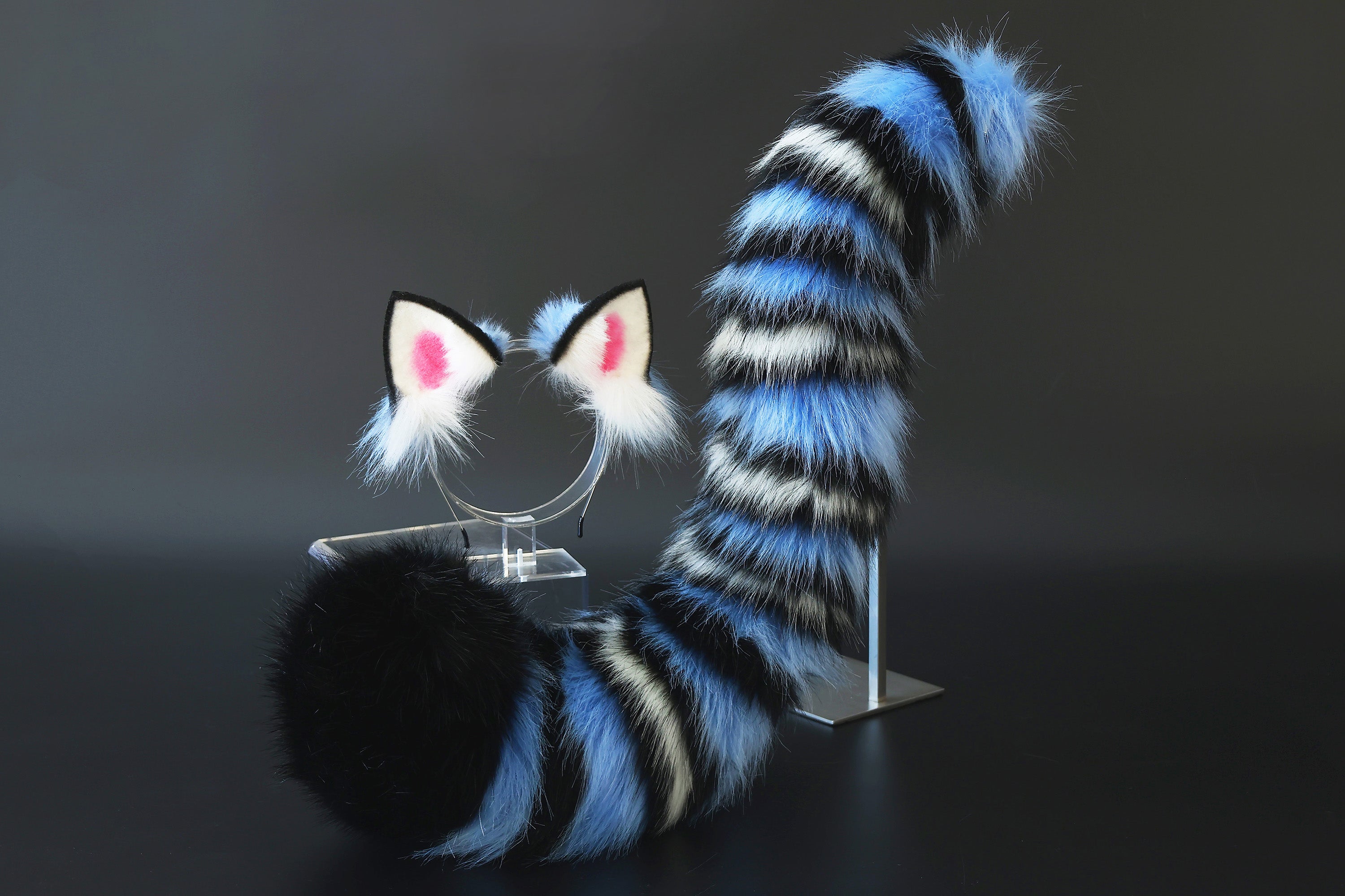 Realistic faux fur derpy tiger ear and tail set blue black white stripes derpy tiger tail and ear kpop demon hunters cosplay ears and tail