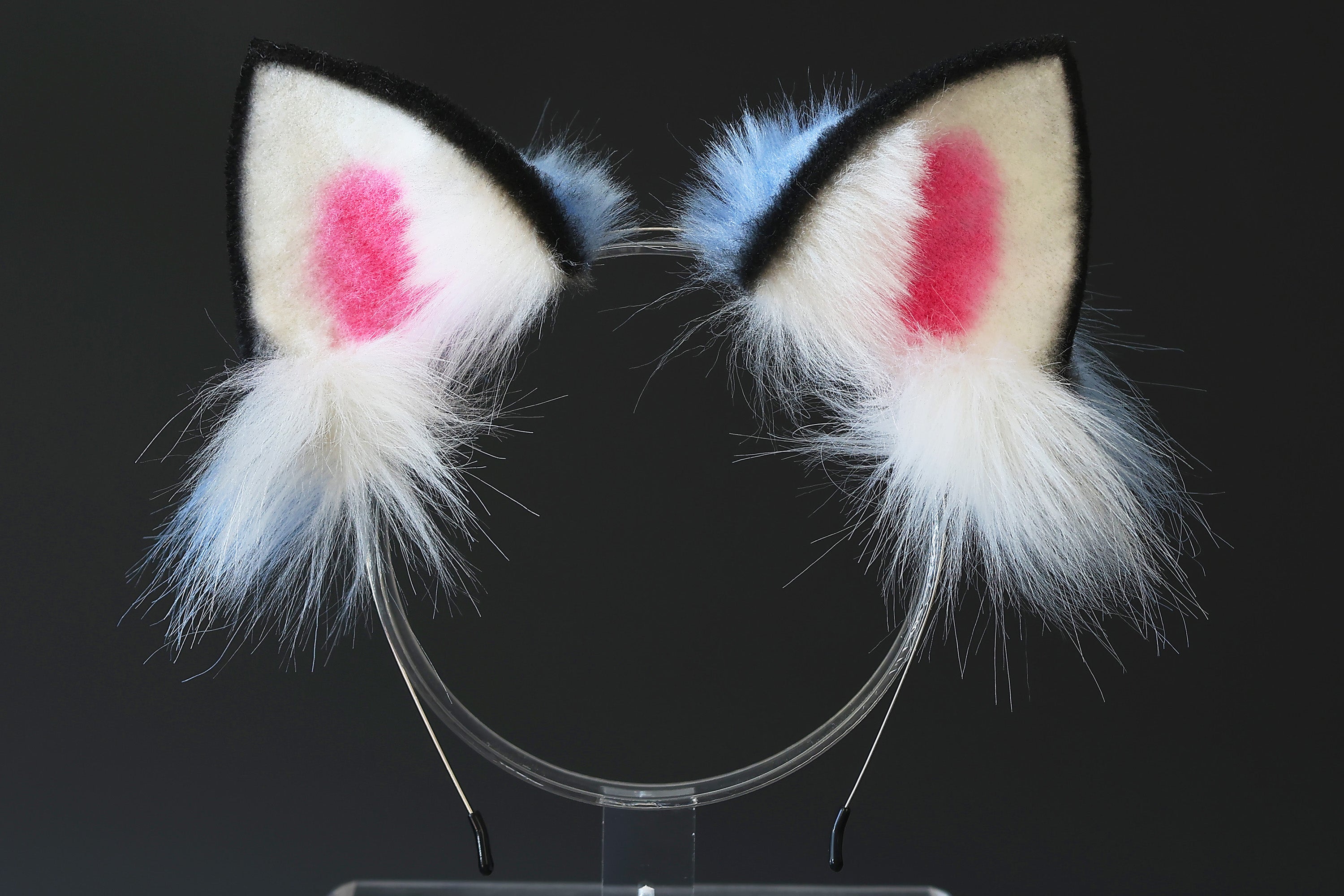 Realistic faux fur derpy tiger ear and tail set blue black white stripes derpy tiger tail and ear kpop demon hunters cosplay ears and tail