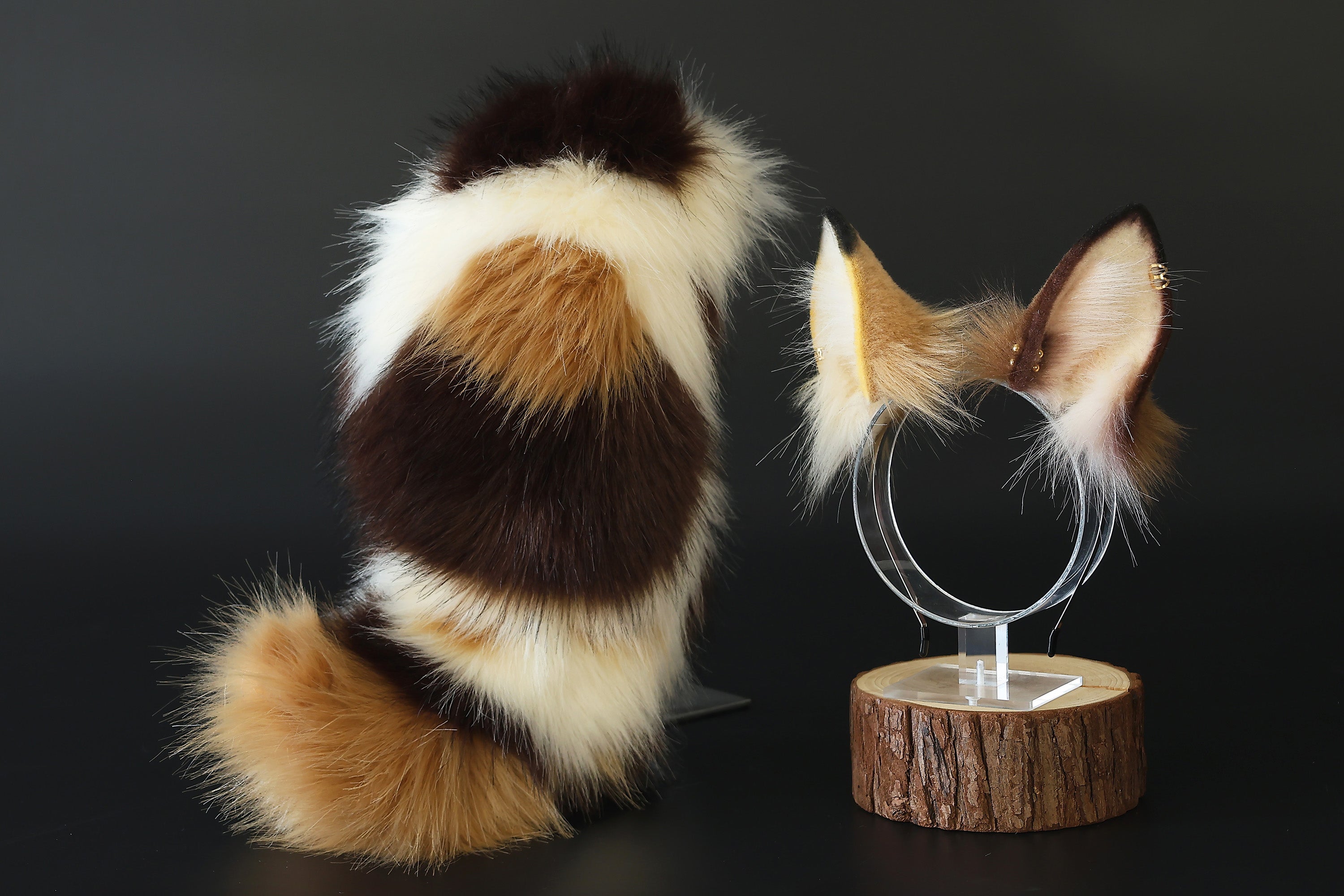 faux fur fluffy calico cat tail and ear splicing kitten tail and ear anime cosplay therian fox ear and tail wolf tail and ear dog puppy kemonomimi