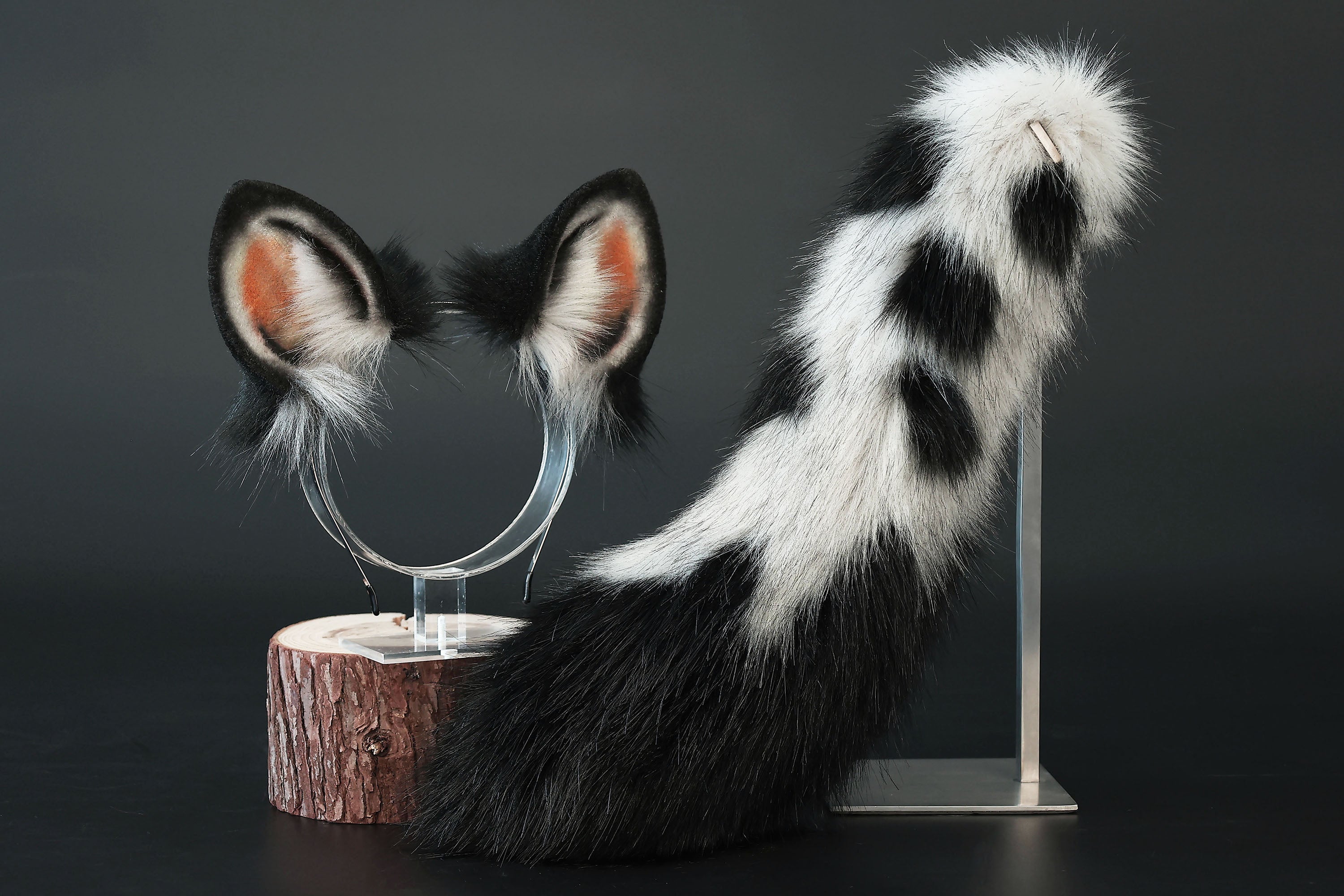 Faux fur spotted hyena ears and tail butt plug costume animal cosplay hyena kemonomimi gray black hyena dog tail and ears therian african wild dog furry