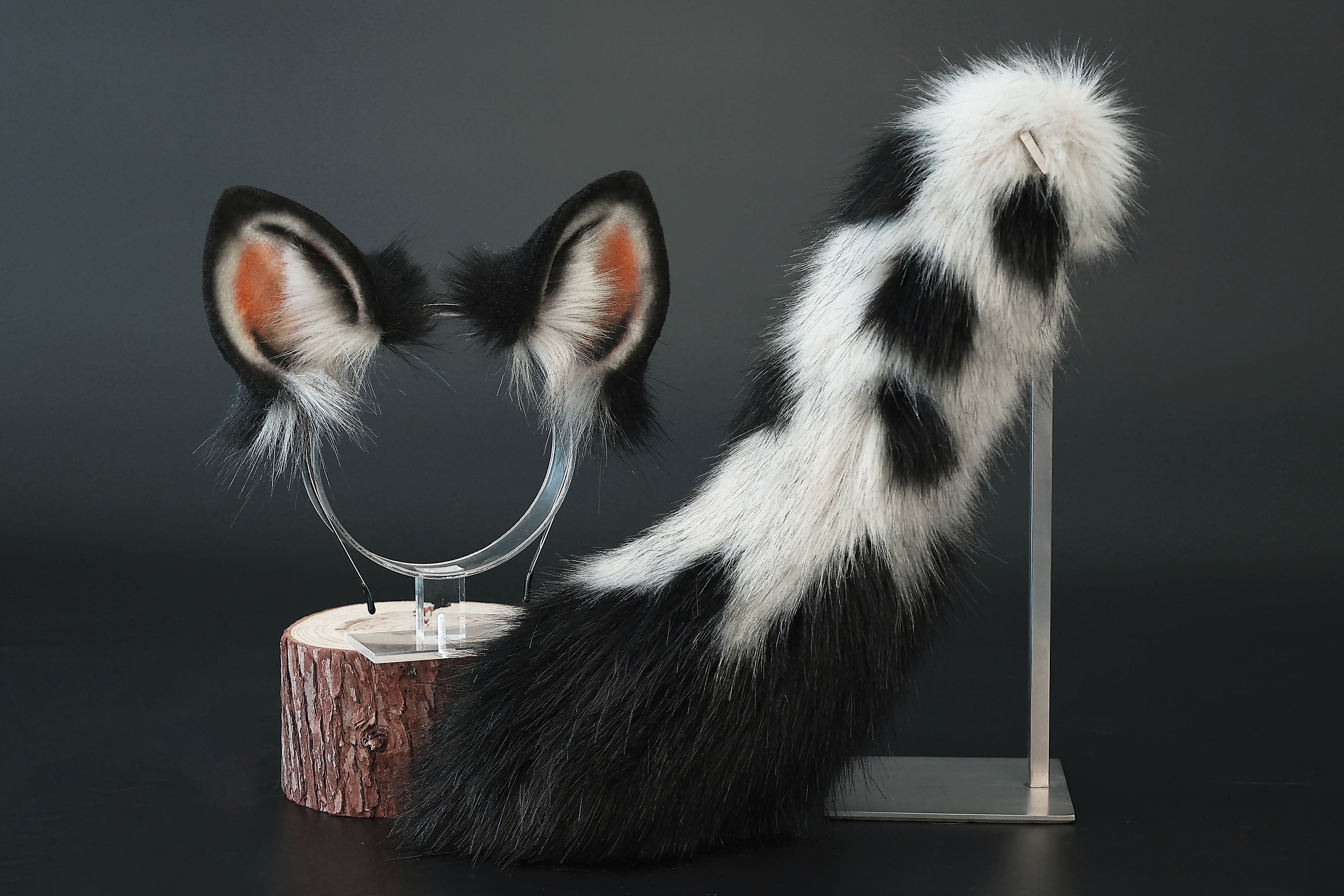 Faux fur spotted hyena ears and tail butt plug costume animal cosplay hyena kemonomimi gray black hyena dog tail and ears therian african wild dog furry