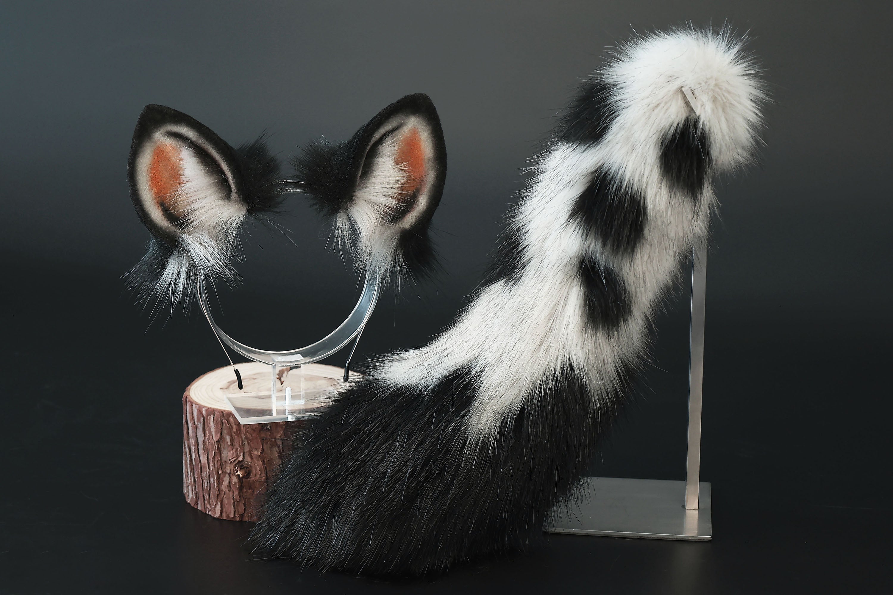 Faux fur spotted hyena ears and tail butt plug costume animal cosplay hyena kemonomimi gray black hyena dog tail and ears therian african wild dog furry