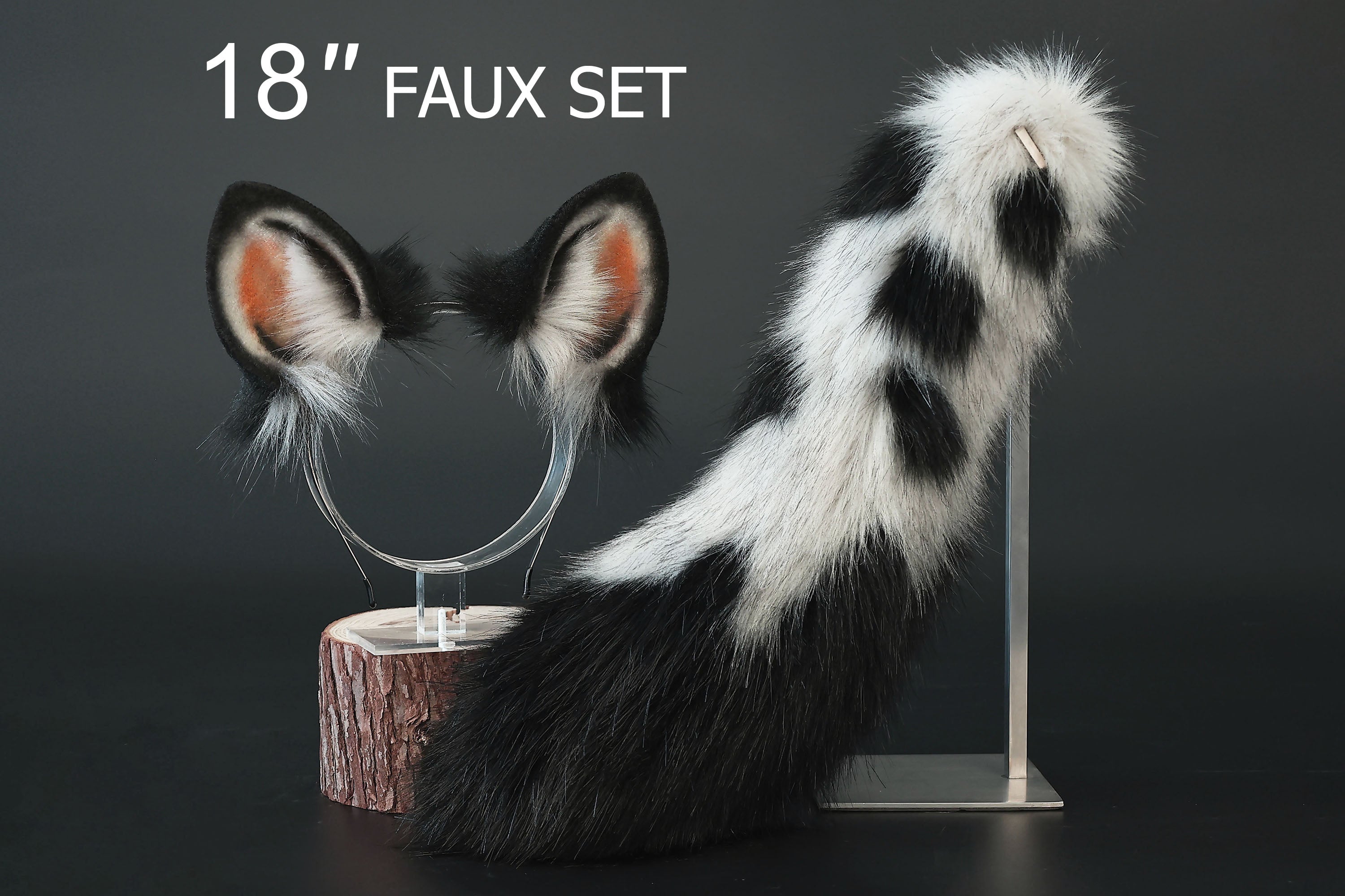 Faux fur spotted hyena ears and tail butt plug costume animal cosplay hyena kemonomimi gray black hyena dog tail and ears therian african wild dog furry