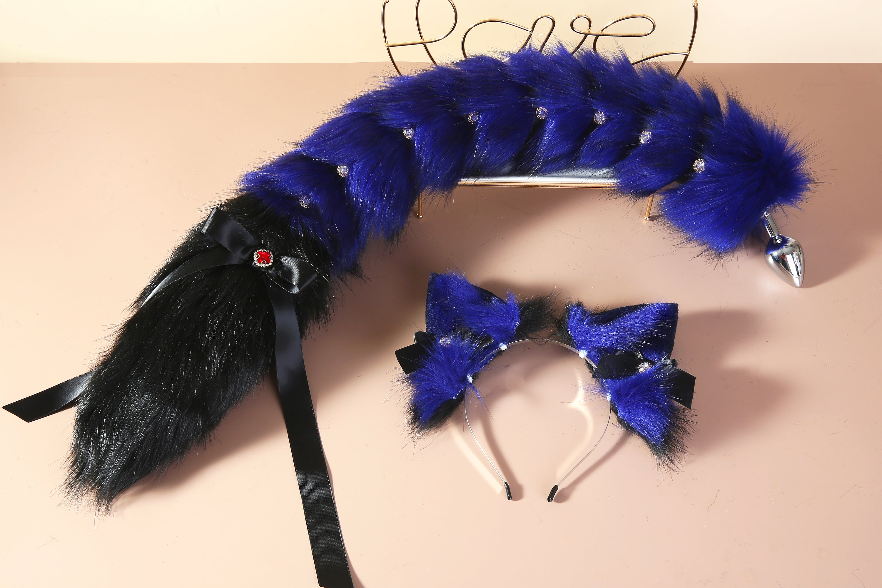 Blue black fox ear and tail set fox ear and fox tail butt plug set sextoy wolf ear and tail plug  set bdsm anime cosplay ear and tail mature