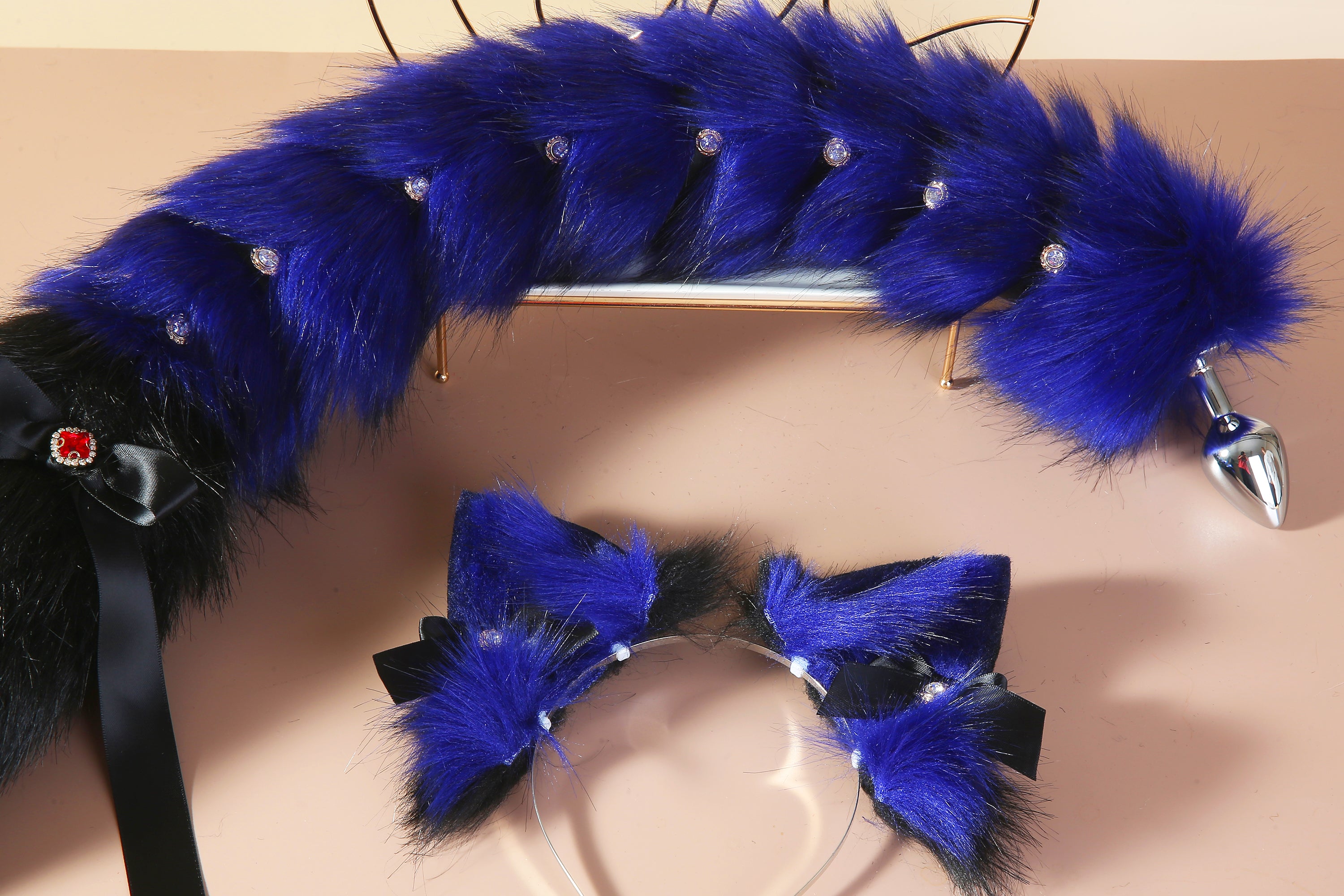 Blue black fox ear and tail set fox ear and fox tail butt plug set sextoy wolf ear and tail plug  set bdsm anime cosplay ear and tail mature