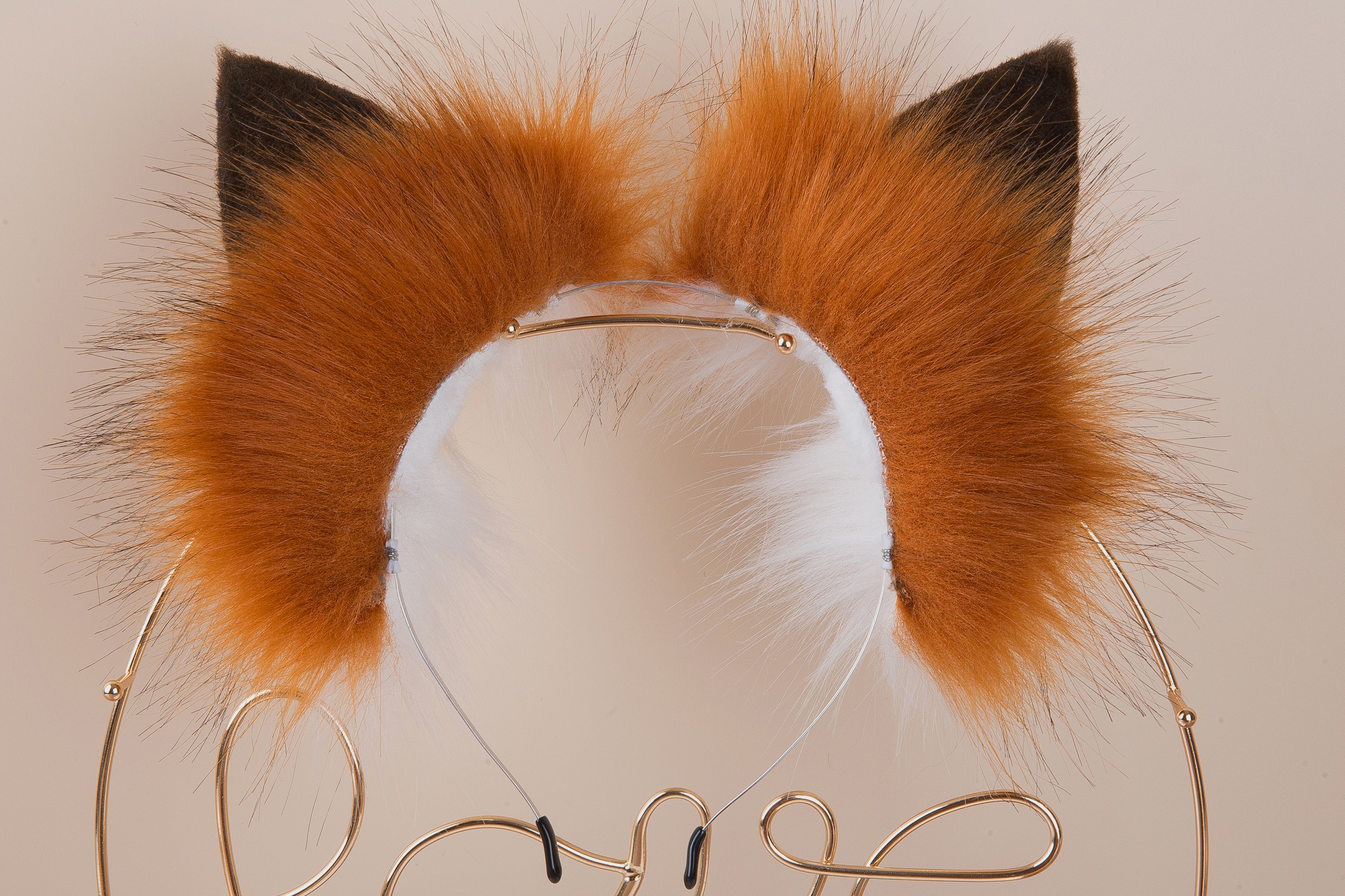 Brown white faux fur fox tail plug and ear wolf tail buttplug and ear kitten ear and tail plug set curved tail and ear plug cosplay