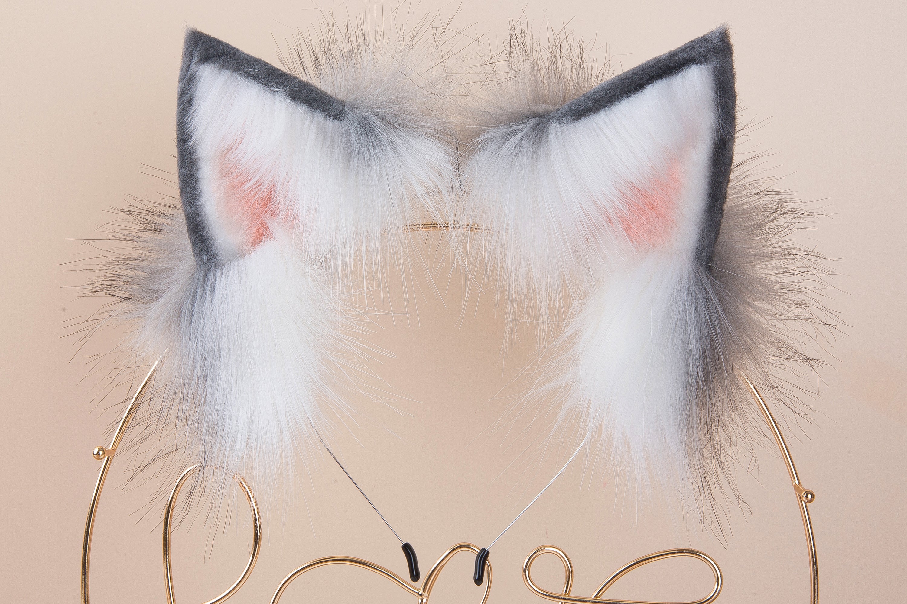 Gray and white faux fur fox tail plug and ear wolf tail buttplug and ear kitten ear and tail plug set curved tail and ear plug set cosplay