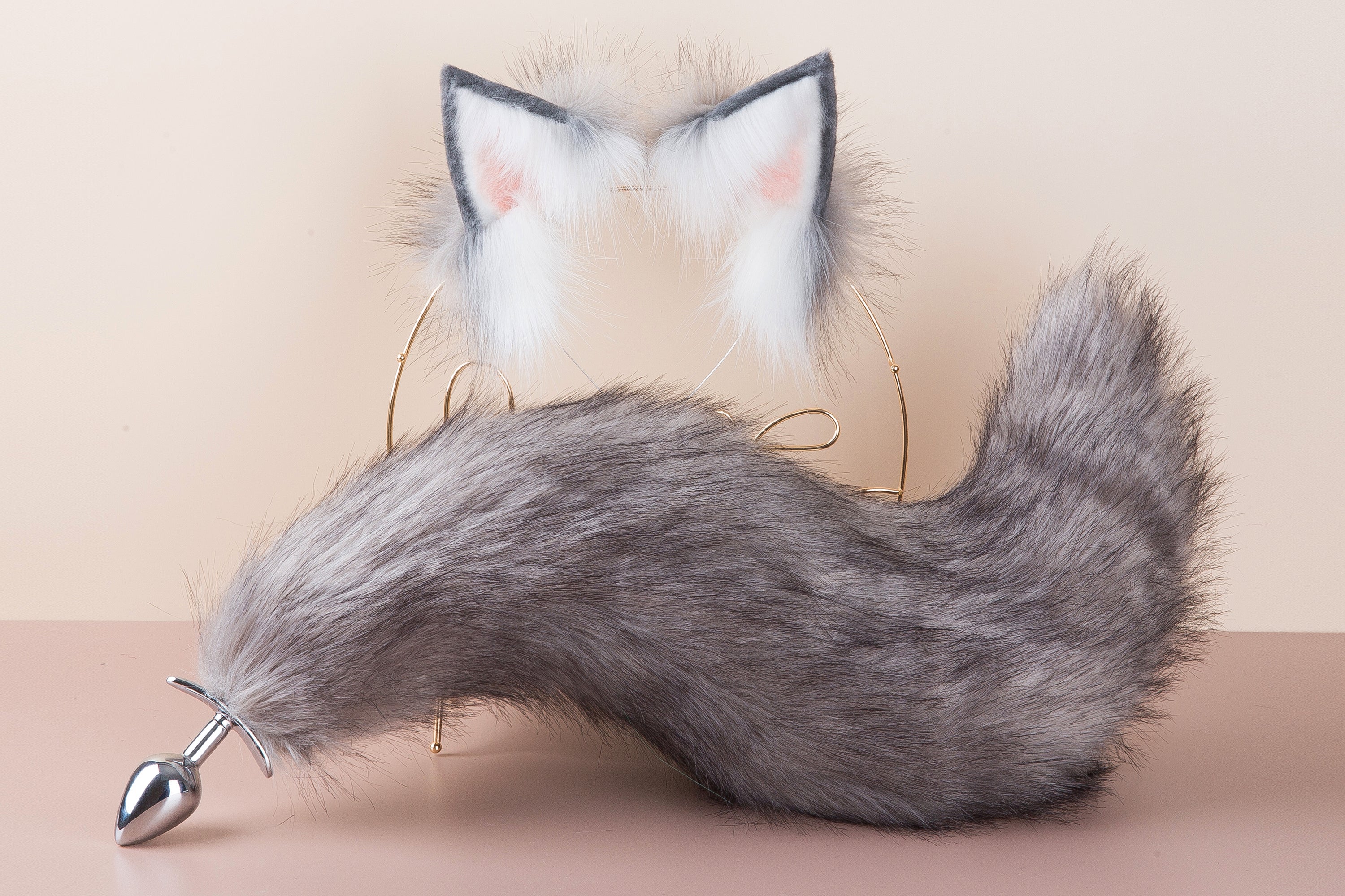 Gray and white faux fur fox tail plug and ear wolf tail buttplug and ear kitten ear and tail plug set curved tail and ear plug set cosplay